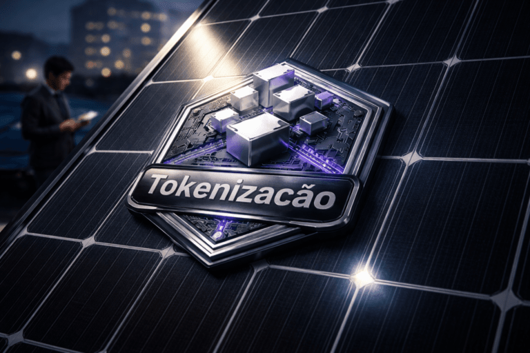 A photorealistic medium-wide cinematic shot, camera positioned approximately 1–2 meters from the subject, capturing a physical 3D isometric brand emblem for "Tokenização" — realized as a raised, precision-milled enamel and brushed-aluminum badge (≈25–30 cm wide) affixed flush to the tempered glass surface of a dark-navy photovoltaic solar panel with a polished silver busbar grid. The emblem reads as a real product badge (no floating logo), with isometric geometric elements suggesting tokens and data (interlocking blocks, fine microcircuit engraving), a small realistic brand plaque area clearly legible from the camera, and a subtle, low-intensity indicator LED. The object integrates restrained electric-purple accents (#7B63FF) along seams and micro-etchings indicating intelligence or activity without overpowering realism. Set in a believable Tech-Noir rooftop commercial solar array at dusk — panels stretching into the midground, a corporate building skyline faintly lit in the distance, and one maintenance technician (diverse, professional, neutral expression) in the background using a tablet, secondary and softly blurred. Lighting is low-key and practical: tablet and junction-box LEDs, a nearby adjustable work lamp, and a soft integrated white spotlight from above-right that gently sculpts form, texture, and depth; subtle cool rim light to separate materials. Camera/look: 35mm cinematic perspective or optional 50mm, medium-wide framing, shallow-to-medium depth of field with the badge sharply in focus and background bokeh, natural lens flare from practical lights, photorealistic rendering of premium materials (anti-reflective glass, brushed aluminum, glossy enamel, polished silver grid), ultra-detailed surface microtextures, realistic reflections and soft shadows. Color palette: neutral corporate tones (charcoal, graphite, navy) with restrained neon accents (electric purple #7B63FF, cool cyan highlights). Constraints: no captions, no text overlays, no watermarks, no floating logos or exaggerated glows, logo placement realistic (mounted on panel), human presence secondary. Cinematic realism, natural depth of field, premium materials, ultra-detailed, 8K.