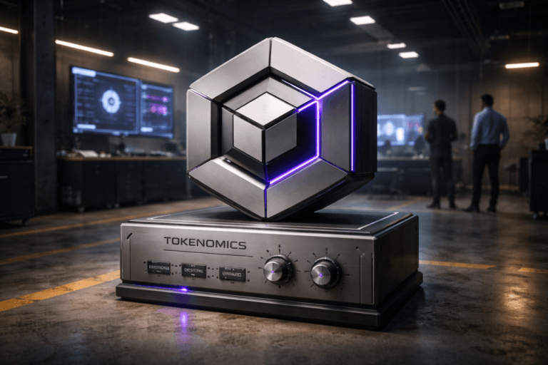 A photorealistic medium-wide cinematic shot, camera positioned approximately 1–2 meters from the subject, capturing a physical 3D isometric Tokenomics brand logo sculpture (brushed aluminum faces, matte black inset surfaces, isometric cube-emblem, clearly readable at 1–2 m) mounted on a low industrial plinth on the floor; the sculpture includes the official logo treatment subtly engraved on the front face and discreet edge-lit channels with restrained electric purple accent (#7B63FF) to indicate activity (LEDs recessed into seams, not floating or overpowering). The object integrates as a real, tangible control-panel metaphor — small tactile levers and engraved variable dials on the plinth that reference emissions, vesting, rewards (legible physical controls, realistic scale). Set in an optimized Tech-Noir industrial war-room environment: polished factory concrete floor with yellow safety stripes, high ceiling with visible steel beams, a few large vertical monitors and a workbench in the mid-background showing dashboard-style UI (logos placed realistically on screens), and a couple of diverse engineers/analysts in soft focus at the periphery working candidly (neutral expressions, business-casual tech attire). Lighting is low-key and practical — overhead industrial fixtures and monitor glow provide ambient illumination, complemented by a soft integrated white spotlight from above/side gently revealing form, texture, and depth; subtle cool fill and selective tungsten rim light add contrast for a cinematic Tech-Noir mood. Color palette: neutral corporate greys, black, concrete tones with restrained electric purple accents and small warm amber practical lights; shallow-to-medium depth of field, photorealistic materials (brushed metal, matte paint, polished concrete), medium-wide 35mm/50mm cinematic framing, natural perspective, ultra-detailed surface microtexture and specular highlights. Constraints: no text overlays on the image, no added captions, no watermarks, no floating logos, logo placement must remain physically realistic on the sculpture and screens. Cinematic realism, natural depth of field, premium materials, ultra-detailed, 8K.