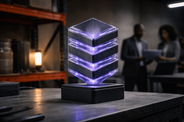 A photorealistic medium-wide cinematic shot, camera positioned approximately 1–2 meters from the subject, capturing a refined, physically plausible hero object: a tactile "NFT token" sculpture — a 3D isometric stacked hexagonal sculpture (~25 cm tall) made from clear cast acrylic layers with brushed dark aluminum interleaves, mounted on a matte black metal pedestal; acrylic layers contain precision micro-etch patterns suggesting token metadata (not legible) and the layered edges are rimmed with a subtle embedded LED glow in electric purple #7B63FF indicating activity, without any floating or dominant logos. The object integrates subtle electric-purple accents indicating intelligence or activity without overpowering realism. Set in an optimized real-world Tech-Noir environment: a lived-in industrial warehouse shelf scene with an orange-painted pallet rack (industrial orange) as the immediate backdrop, a minimal gradient wall visible behind the rack, and natural human presence — two diverse, professional adults in the background (3–5 meters away) casually reviewing a tablet and laptop, slightly blurred and secondary to the sculpture. Lighting is low-key and practical: soft overhead warehouse LEDs, a warm side practical lamp near the shelf, and the tablet/laptop screens providing secondary fill; plus a controlled soft integrated white spotlight from above and slightly to the side that sculpts form, highlights acrylic clarity and brushed metal texture, and produces gentle rim light on the edges. Composition: medium-wide, shelf-level vantage, slightly off-center framing (object dominant, rule-of-thirds), camera 35mm photographic look, aperture f/2.8 for shallow-to-medium depth of field, subtle cinematic bokeh on background figures, slight 10° tilt for dynamic balance. Color palette: neutral corporate tones (charcoal, steel, concrete) with restrained industrial orange accents from the rack and calibrated electric purple #7B63FF highlights, low saturation overall with a Tech‑Noir mood. Materials and detail: ultra-detailed acrylic clarity, accurate subsurface scattering, crisp micro-etch texture, brushed aluminum grain, matte powder-coated metal base, realistic reflections and soft specular highlights. Style and render: cinematic photographic realism with subtle Tech-Noir influence, minimal filmic grain, high dynamic range, photorealistic textures, ultra-detailed, 8K. Constraints: no captions, no text overlays, no watermarks, no readable typography on the object, no floating or oversized logos, people unidentifiable and naturally posed, professional and brand-safe.
