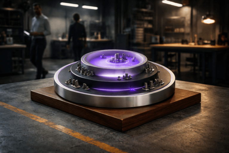 A photorealistic medium-wide cinematic shot, camera positioned approximately 1–2 meters from the subject, capturing a refined real-world hero object: a tangible 3D isometric market-map sculpture representing "Total Addressable Market" — three nested, physically plausible tiers (TAM, SAM, SOM) as stacked concentric plates (largest-to-smallest) made of premium materials (brushed aluminum outer ring, matte black anodized mid ring, frosted glass inner core) mounted on a low walnut plinth; tiers have subtle tactile ridges and small realistic metal-inset icons (miniature building silhouettes and coin discs) to communicate segment scale without text, and thin integrated LED seams in Electric Purple #7B63FF that pulse softly to indicate intelligence/activity, balanced with restrained warm amber edge lighting. The object sits on a polished industrial concrete factory floor with painted yellow safety lines, in a lived-in tech-noir workshop environment with background elements: a workbench, a floor-mounted industrial lamp, and a couple of diverse business-casual professionals in the periphery interacting naturally (one glancing at a tablet, one walking past) — people are secondary, candid, unidentifiable. Visual style: cinematic photographic realism with subtle Tech-Noir influence; lighting low-key and practical (overhead industrial pendant, tablet screen glow, soft integrated white spotlight from side above to sculpt form and reveal texture); primary accent color Electric Purple #7B63FF kept subtle; overall palette neutral corporate tones (charcoal, warm wood, brushed metal) with restrained neon accents. Camera & framing: medium-wide 35mm photographic look, natural shallow-to-medium depth of field, subject crisply in focus with gentle background bokeh, composition centered but slightly offset for dynamic negative space. Surface and material detail ultra-detailed: visible machining marks, wood grain, concrete pores, realistic reflections and soft subsurface scattering on frosted glass. Level of realism: photorealistic, production-ready, premium corporate aesthetic. Constraints: no text, no captions, no logos, no watermarks, no floating or glowing logos, cinematic realism, natural depth of field, premium materials, ultra-detailed, 8K.