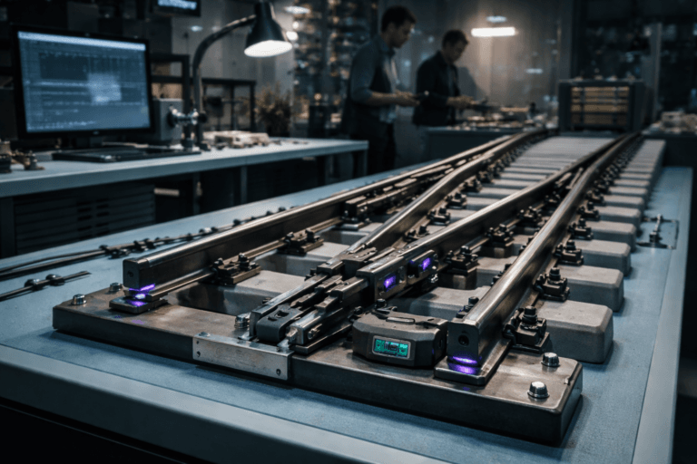 A photorealistic medium-wide cinematic shot, camera positioned approximately 1–2 meters from the subject, capturing a refined full-scale railway turnout assembly — steel rails, switch points, throw bars, mechanical levers with tactile grips, engraved serial plate, insulating polymer sleepers and a small PCB status module attached to the switch — mounted as a hardware demonstration on a light-blue anti-static laboratory bench, clearly readable within a realistic environment. The object integrates subtle electric-purple accents (#7B63FF) as indicator LEDs and thin inlay highlights along lever edges to suggest intelligence/activity without overpowering realism. Set in a real-world Tech‑Noir hardware lab: anti-static ESD mat covering the bench, precision hand tools neatly arranged, an oscilloscope and a monitor displaying neutral waveform diagnostics (no legible text), ESD grounding straps, and shallow background equipment that reads as lived-in and functional. Natural human presence in the background/periphery: two engineers (diverse, professional clothing, candid neutral expressions) slightly out of focus, one consulting a tablet, one adjusting a desk lamp — humans clearly secondary to the main object. Lighting is low-key and practical: a soft integrated white spotlight from above/side gently revealing form and texture, a cool cyan desk-lamp fill, subtle rim light from practical fixtures, and restrained electric-purple rim glows on LEDs; soft reflections on brushed steel and realistic micro-texture on polymer sleepers. Composition uses leading lines of the rails toward the frame’s depth, main object centered with a slight three-quarter angle, medium-wide 35mm photographic look, natural shallow-to-medium depth of field (subject tack-sharp, background creamy bokeh), cinematic color grading with neutral corporate tones and restrained neon accents, premium materials, ultra-detailed microtexture, photorealistic, 8K. No captions, no text overlays, no visible logos, no watermarks.