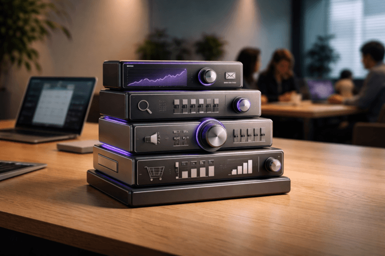 A photorealistic medium-wide cinematic shot, camera positioned approximately 1–2 meters from the subject, capturing a refined real-world hero object: a physical desktop "Traction Channels" sculpture — a 35–40 cm isometric stacked-block dashboard made from polished aluminum, matte dark polymer and frosted acrylic, composed of clearly readable tactile modules (knobs, sliders, small status lamps, and a ringed activity LED per module) that represent channels; modules are physically distinct and legible at 1–2 m, with subtle embossed icons only (no readable text). The sculpture integrates restrained Electric Purple accents (hex #7B63FF) in thin LED rings and edge paints to indicate intelligence/activity without overpowering realism. Set in a modern tech-noir–inflected coworking environment: a light-wood shared bench surface, minimal gradient wall background, potted plants, a softly blurred laptop showing a muted dashboard (no logos or readable text), and diverse professionals in the background working candidly (neutral expressions), secondary to the sculpture. Lighting is low-key and practical — warm desk lamp, laptop glow, soft natural window fill from the side, complemented by a soft integrated white spotlight from above or side to gently reveal form, texture and depth; add a very subtle electric-purple rim light for Tech-Noir flavor (no neon floods, no floating glows). Camera and framing: medium-wide cinematic composition, 35mm/50mm photographic look, object slightly off-center (rule of thirds), camera ~1.5 m away, natural shallow-to-medium depth of field so the sculpture is crisp and background is softly defocused. Color palette: neutral corporate tones (charcoal, warm wood, cool steel, muted greys) with restrained electric-purple accents and low-saturation complementary highlights. Style: cinematic photographic realism with subtle Tech-Noir influence, premium materials, visible microtexture (brushed metal, polymer matte finish, wood grain), believable physical scale and weight. Constraints: no captions, no text overlays, no brand logos, no watermarks, no floating or excessive glow effects, humans unidentifiable and secondary. Cinematic realism, natural depth of field, premium materials, ultra-detailed, 8K.