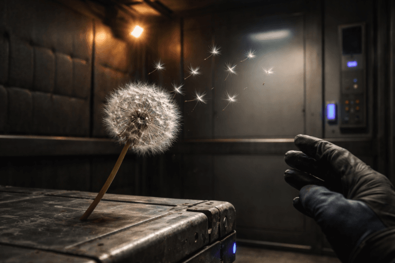 A photorealistic medium-wide cinematic shot, camera positioned approximately 1–2 meters from the subject, capturing a real dandelion seed head (Taraxacum) being gently blown — individual white seeds (achenes) detaching and suspended in motion, the flower head clearly readable from 1–2 meters and occupying the primary focal plane. The dandelion stem rests on a scuffed industrial cargo crate inside the elevator; a realistic gloved hand at the lower-right is mid‑action blowing, human presence natural and secondary. The object integrates subtle Electric Purple (#7B63FF) accents: a faint purple rim on several airborne seeds and a tiny LED strip on the elevator control panel to indicate activity without overpowering realism. Set in a lived-in freight elevator with padded metal walls, stitched metal upholstery, scratched steel floor, an amber safety lamp and a small functional digital status screen on the wall (no text or logos), the environment reads believable and industrial with a Tech‑Noir mood. Lighting is low-key and practical — soft integrated white spotlight from the left side slightly above, warm amber practical lamp near the corner, plus restrained electric‑purple rim lighting; soft volumetric particles in the air emphasize seed trails. Visual style: photoreal 3D render with a subtle isometric tilt to emphasize geometry, minimalistic gradient on a recessed wall panel (soft neutral gradient) to honor the requested minimalist background while remaining realistic. Camera & framing: medium-wide cinematic composition, 35mm-equivalent perspective, shallow-to-medium depth of field (pin-sharp dandelion head and first row of seeds, gradual background blur), natural motion blur on the most distant seeds. Color palette: neutral industrial grays, warm metal tones, desaturated greens in the dandelion, and restrained Electric Purple #7B63FF accents. Textures ultra-detailed (delicate seed filaments, velvet stem, metal padding stitches, scuffs, fingerprints on glove), photorealistic materials, premium cinematic grading. Constraints: no text, no captions, no visible brand logos, no watermarks, no floating or exaggerated glowing logos. High dynamic range, ultra-detailed, 8K.