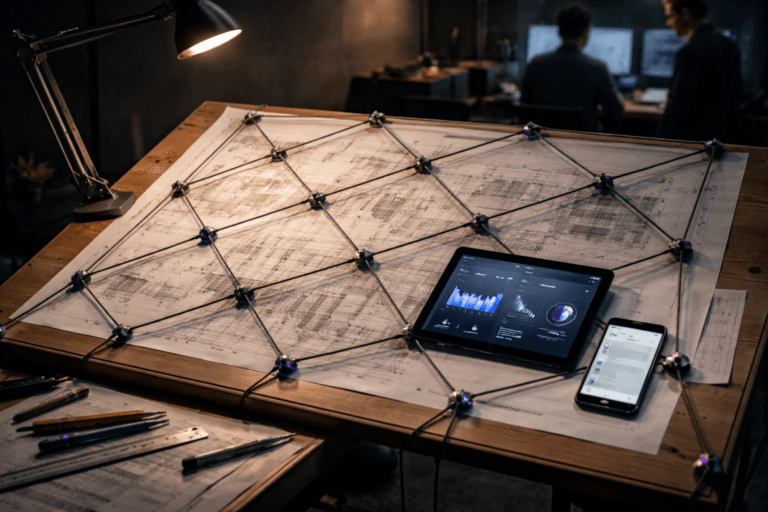 A photorealistic medium-wide cinematic shot, camera positioned approximately 1–2 meters from the subject, capturing a full-scale high-tensile fishing net carefully spread and anchored across a tilted architect's drafting table — arranged in an advanced, geometric isometric‑inspired coverage pattern with fine braided cords and matte-metal node clips, the net overlapping architectural plans, a tablet showing anonymized social-traffic analytics mockups and a smartphone with a placeholder messaging view, mesh and node details sharp and clearly readable at 1–2 meters. The object integrates subtle electric‑purple accents (#7B63FF) as tiny LED indicator dots on node clips and thin fiber highlights indicating intelligence or activity without overpowering realism. Set in a dim Tech‑Noir creative studio: a tilted wooden architect's drawing desk with an articulated industrial desk lamp, warm drafting tools (scale ruler, markers), a nearby matte monitor with anonymized charts, concrete walls with a gentle gradient background and soft clutter that reads lived‑in yet minimal. Lighting is low‑key and practical — warm 3000K lamp key from the desk lamp, subtle purple LED glows on the net nodes, plus a soft integrated white spotlight from above at a side angle to reveal form, texture and depth; gentle rim light to separate objects from the background. Style: cinematic photographic realism with subtle Tech‑Noir influence; color palette: neutral corporate tones (charcoal, slate, warm wood, cool steel) with restrained neon accents and primary accent Electric Purple #7B63FF used sparingly. Camera/framing: medium‑wide, slight top‑down angle (~15°) to show table tilt and geometric coverage, 35mm photographic look (or 50mm equivalent), aperture f/2.8–4 for natural shallow‑to‑medium depth of field, natural perspective, ultra‑detailed surface textures (braided nylon, matte metal, warm wood grain, tracing paper). People: two diverse professionals in the background/periphery, candid postures and neutral expressions, slightly out of focus and secondary to the net. Constraints and realism: photorealistic, physically plausible net placement (anchored with small weights/clips), no floating or impossible elements, no illustrative isometric rendering — preserve isometric pattern through real physical arrangement, screens show anonymized UIs with no brand logos, no visible real‑world logos, no captions, no text overlays, no watermarks. Cinematic realism, natural depth of field, premium materials, ultra‑detailed, 8K.