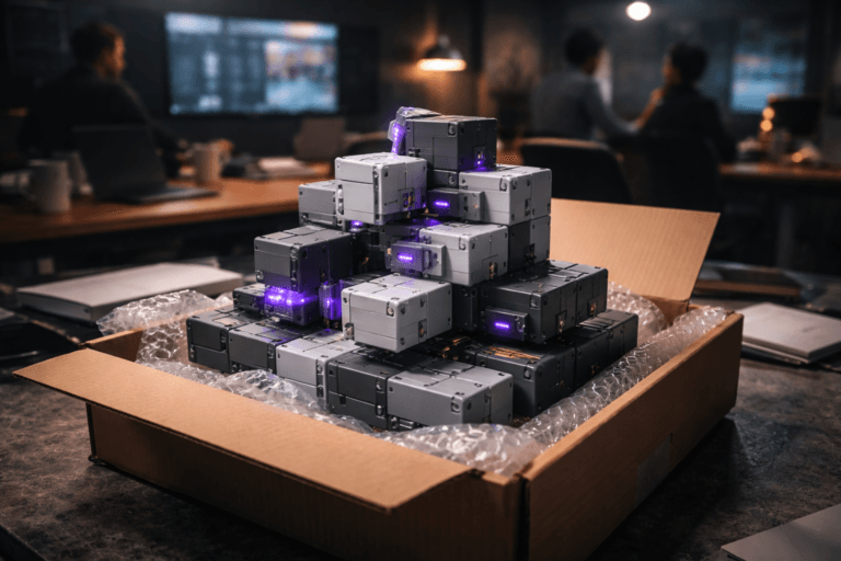 A photorealistic medium-wide cinematic shot, camera positioned approximately 1–2 meters from the subject, capturing a tactile set of premium modular building blocks as the refined real-world hero object: matte-finish interlocking construction blocks (3–5 cm each) assembled into a precise 30 cm miniature structure with distinct highlighted modules, premium ABS plastic and anodized metal connectors, several modules slightly lifted to reveal internal connectors, all physically plausible and instantly readable at 1–2 m. The blocks sit centered on and spilling slightly out of an open corrugated cardboard shipping box with bubble wrap and protective foam, the box placed on a lived-in conference table. The object integrates subtle electric-purple accents (electric purple #7B63FF) as thin edge glows and tiny status LEDs on select modules to indicate intelligence or activity without overpowering realism. Set in a realistic Tech‑Noir product war room: low-ceilinged meeting space with a long table, laptops, notebooks, coffee cups, sticky notes, and wall-mounted large monitors displaying blurred real-time dashboards and charts (out of focus), soft neon reflections on glass surfaces, and a few diverse product, design and engineering team members in the mid-background in candid, neutral-posture conversation (clearly secondary and softly blurred). Lighting is low-key and practical — monitor glow, a warm desk lamp, and room practicals — complemented by a soft integrated white spotlight from above at a 30–45° angle to gently reveal form, texture, and depth, creating subtle Tech‑Noir contrast and soft specular highlights on premium materials. Cinematic photographic realism with restrained neon accents, neutral corporate tones (charcoal, slate, warm wood) and the electric-purple accent as the primary highlight; 35mm–50mm photographic look, medium-wide framing, natural shallow-to-medium depth of field, rich microdetail on plastic and cardboard textures, realistic human skin tones, filmic color grading, no text, no captions, no overlays, no watermarks, ultra-detailed, 8K.