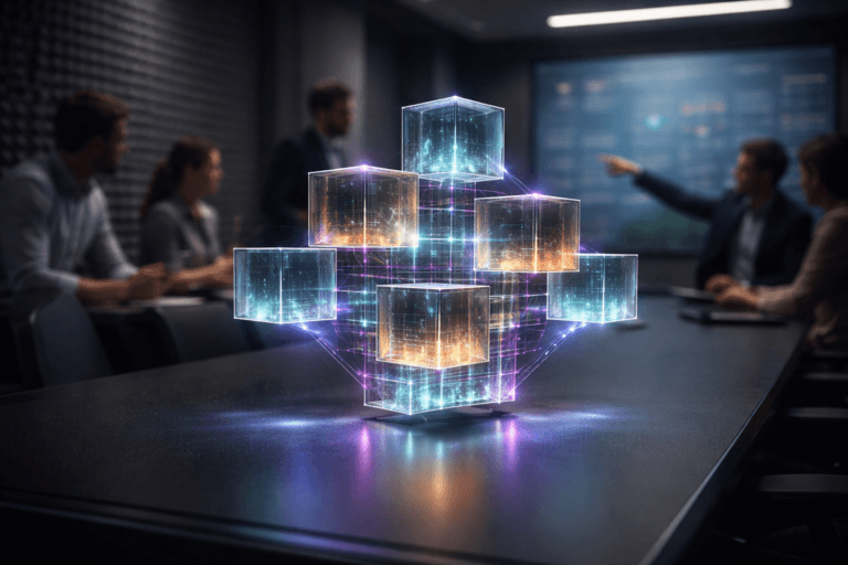 A photorealistic medium-wide cinematic shot, camera positioned approximately 1–2 meters from the subject, capturing a holographic cluster of semi‑transparent polished‑glass data cubes (refined real-world hero object) clearly readable within a realistic environment. The cubes are physical-seeming AR/holographic projections floating 40–60 cm above a matte black conference table, colorful but restrained (teal, muted cyan, warm amber, slate) with thin electric purple #7B63FF edge accents and subtle internal animated data-lines; faces show translucency, accurate glass refractions and micro‑specular highlights so each cube reads at 1–2 m. The object integrates subtle electric‑purple accents indicating intelligence or activity without overpowering realism. Set in a tech‑noir war room optimized for photographic realism: dark gray eggcrate acoustic foam walls (box‑foam texture), low ceiling, long conference table, a large semi‑opaque projected dashboard on the far wall and secondary muted data screens. Natural human presence in the background/periphery: 4–6 diverse professionals in business‑casual attire, candid postures and neutral expressions, one person pointing at the hologram, another taking notes on a tablet — humans are realistic, secondary, slightly out of focus. Lighting is low‑key and practical: soft screen glows, a warm desk lamp at one end, and a soft integrated white spotlight from above slightly off‑center to the right gently revealing form, texture and depth; add subtle purple rim light on cube edges and a faint under‑table glow to indicate activity. Cinematic realism, 35mm photographic look, medium‑wide framing, shallow‑to‑medium depth of field, natural bokeh, premium materials and micro‑detail (glass refractions, polished metal trim on table, visible acoustic foam texture), ultra‑detailed, photorealistic, 8K. Color palette: neutral corporate grays, charcoal, matte blacks, muted blues/teals, restrained amber highlights, Electric Purple #7B63FF as sole neon accent. Constraints: no readable text or captions, no logos or branding, no text overlays, no watermarks, no exaggerated surreal effects — maintain physical plausibility and clarity.