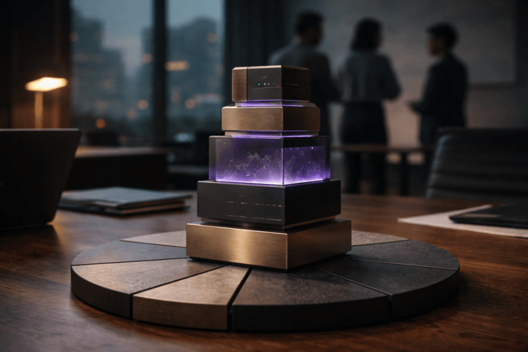 A photorealistic medium-wide cinematic shot, camera positioned approximately 1–2 meters from the subject, capturing a refined, physically plausible Travel Tech hero object: a tactile tabletop sculpture (25–35 cm tall) that reads instantly as a "mini tower of control" — stacked isometric modules of brushed bronze, matte-black anodized aluminum and frosted acrylic map-plates, engraved circuit-pattern inlays, small inset matte-glass indicator panel (no readable text), and micro LED status dots; the sculpture sits firmly on a painted wooden physical pie-chart built into the tabletop, each pie segment as carved and hand-painted wooden wedges, the hero object placed on one segment so scale and layers are clear and legible from 1–2 meters. The object integrates subtle electric-purple accents (#7B63FF) as tiny LEDs and translucent edge-glow in the acrylic layers indicating intelligence/activity without overpowering realism. Set in a lived-in modern operations meeting room with a slightly Tech‑Noir mood: a large wooden table with the physical pie-chart, a couple of open laptops and a leather notebook at the periphery, three diverse professionals in business-casual poses blurred in the background discussing the model (secondary to the object), floor-to-ceiling window showing dusk city reflections, and muted industrial furnishings. Lighting is low-key and practical — soft warm desk lamp and laptop glow, cool window rim light, and a soft integrated white spotlight from above at a 30° side angle to gently reveal form, texture, and depth; restrained neon purple reflections on metal surfaces add subtle Tech‑Noir flavor. Visual style: cinematic photographic realism, natural shallow-to-medium depth of field, 35mm / 50mm photographic look, premium materials, ultra-detailed surface texture (brushed metal, painted wood grain, frosted acrylic), neutral corporate color palette with restrained electric-purple accents, photorealistic render, no captions, no text overlays, no watermarks. Cinematic realism, natural depth of field, premium materials, ultra-detailed, 8K.