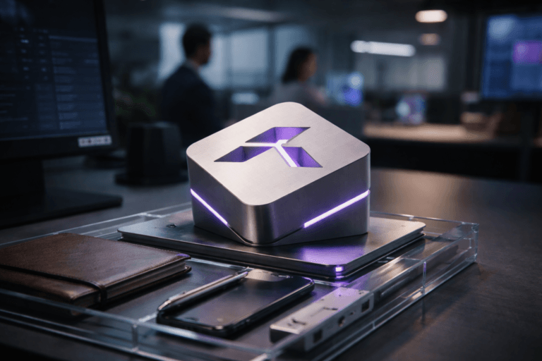 A photorealistic medium-wide cinematic shot, camera positioned approximately 1–2 meters from the subject, capturing a physical 3D isometric Tray.io logo sculpture (official Tray.io emblem) as the refined real-world hero object: a tactile, brushed matte-aluminum isometric form with the official Tray.io mark laser-etched on the top face and subtle inlaid electric-purple #7B63FF channels that indicate activity, mounted realistically on a low-profile metal pedestal integrated into a transparent acrylic desktop organizer tray containing a closed leather-bound notebook, a slim smartphone, a metallic pen, and a compact USB-C hub—logo size and finish are readable at 1–2 meters and coexist naturally with everyday desk items. The object integrates subtle electric-purple accents indicating intelligence or activity without overpowering realism. Set in a modern RevOps operations desk environment with a tech-noir mood: glass-walled corporate workspace / control desk with muted monitors and dashboard glows (no readable text), an open laptop at the periphery with a small Tray.io sticker on the bezel (realistic placement, non-dominant), and two diverse professional team members blurred in the background in candid, neutral postures. Lighting is low-key and practical—soft monitor and desk-lamp glows providing ambient color, complemented by a soft integrated white spotlight from above/side that gently reveals form, texture, and depth on the aluminum and acrylic surfaces; restrained neon accents (electric purple) used sparingly on inlays and a tiny LED indicator in the organizer. Cinematic photographic realism, natural shallow-to-medium depth of field, 35mm cinematic look, medium-wide framing, premium materials (brushed metal, clear acrylic, leather), ultra-detailed surface texture and reflections, filmic color grading with neutral corporate tones and restrained purple accents, photorealistic render, 8K. Constraints: no captions, no text overlays, no watermarks, no floating or exaggerated glowing logos—all branding is physically and realistically placed.