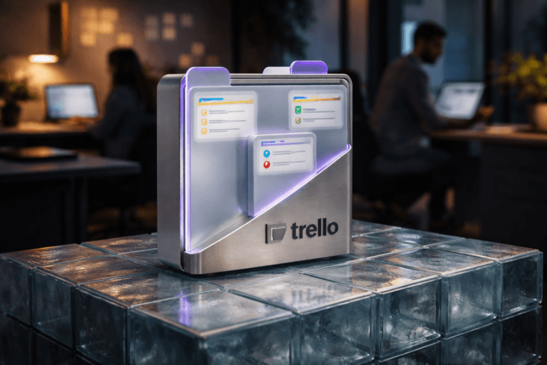 A photorealistic medium-wide cinematic shot, camera positioned approximately 1–2 meters from the subject, capturing a physical 3D isometric sculpture of the Trello logo (official Trello mark accurately rendered and visibly applied to the front face) — a 30–40 cm high isometric, modular sculpture made of frosted acrylic panels, brushed aluminum edges and matte silicone card-tabs, with integrated miniature physical "cards" and list-tabs as real-world metaphors, clearly readable within a realistic environment. The object sits on a surface of translucent glass bricks (large glass tile blocks with soft internal diffusion) in a lived-in hybrid office corner depicting a Tech‑Noir corporate workspace (Portuguese-inspired modern office finishes), with diverse professionals in the background subtly blurred and interacting with laptops and a wall-mounted board (human presence secondary to the object). Visual style: cinematic photographic realism with subtle Tech‑Noir influence. Lighting: low-key ambient office lighting, practical sources (laptop screens, desk lamp, window daylight), a soft integrated white spotlight from above/side gently revealing form and texture, and restrained electric purple accent lighting (#7B63FF) along seams and card edges to indicate activity without overpowering realism. Camera and framing: medium-wide 35mm/50mm photographic look, slight low angle (10–15°) for presence, shallow-to-medium depth of field with the sculpture in crisp focus and pleasing bokeh on background figures. Color palette: neutral corporate tones (charcoal, soft slate, warm concrete, muted beige) with restrained neon accents in electric purple #7B63FF and cool cyan highlights. Materials and detail: ultra-detailed frosted acrylic translucency, realistic aluminum grain, micro-scratches on glass bricks, soft reflections and subsurface scattering, accurate logo treatment (applied as inlay or laser-etched metal plate) and realistic scale so the mark is legible at 1–2 m. Composition: primary object centered-left, background activity on right third, negative space around sculpture for clarity, strong subject hierarchy. Level of realism: ultra-photorealistic, filmic rendering, 8K, high dynamic range, natural film grain control. Constraints: authentic Trello logo present and realistically placed on the object, no floating or excessively glowing logos, no text overlays or captions, no watermarks, no UI elements, no surreal/fantastical distortions. Cinematic realism, natural depth of field, premium materials, ultra-detailed, 8K.