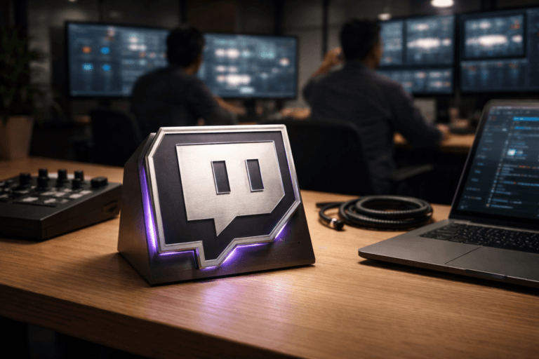 A photorealistic medium-wide cinematic shot, camera positioned approximately 1–2 meters from the subject, capturing a refined real-world hero object: a physical 3D isometric Twitch emblem (official Twitch logo accurately represented) rendered as a high-end machined plaque sitting on a light-wood shared coworking workbench. The emblem is a tangible object ~12–15 cm across, isometric orientation, formed from brushed aluminum and matte acrylic with a subtle glossy face, precise embossed logo detail, and narrow recessed edge LEDs providing restrained Electric Purple #7B63FF accents that indicate activity without excessive glow. The plaque sits naturally beside a compact hardware control surface (mixing knobs, encoder wheel), a modern laptop with a deliberately blurred dashboard UI on-screen (no legible text), and a coiled XLR cable; multiple monitors on articulated arms in the mid-background display live-stream production feeds and chat panels but are soft-focused and unreadable to avoid text. Set in a modern Tech‑Noir control corner inside a shared coworking studio — light-wood bench, industrial glass partition, matte black monitor arms, potted plant, tidy cable management — lived-in but professional. Include natural human presence: two diverse operators (non-identifiable, business-casual, candid posture) in the background monitoring feeds and gesturing, clearly secondary to the emblem. Lighting: low-key, practical sources (monitor glow, small desk lamp), complemented by a soft integrated white spotlight from above-left that gently reveals form, texture and depth; electric purple used only as subtle accent and thin rim light on devices. Visual style: cinematic photographic realism with subtle Tech‑Noir influence, neutral corporate tones (charcoal, slate, warm light-wood) with restrained neon accents (Electric Purple #7B63FF, soft cyan). Camera/framing: 35mm photographic look, medium-wide composition, emblem placed on the front-left third, camera height chest-level, natural shallow-to-medium depth of field (emblem tack-sharp, background softly blurred). Materials and detailing: ultra-detailed surface textures (brushed metal, acrylic sheen, fine wood grain, fingerprints, soft wear), realistic reflections and soft specular highlights, filmic color grading. Realism level: photorealistic, production-ready, premium aesthetic, 8K. Constraints: logo integrated physically (no floating logo), no exaggerated glow, no visible text overlays or captions, no watermarks, do not depict identifiable real persons.
