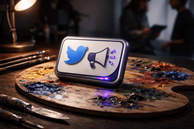 A photorealistic medium-wide cinematic shot, camera positioned approximately 1–2 meters from the subject, capturing a polished physical 3D isometric emblem of the Twitter Ads official logo—rendered as a tangible 10–15 cm metallic-and-enamel object with crisp brand geometry, subtle micro-scratches and a matte-polished finish—clearly readable within a realistic environment. The emblem rests naturally on a wooden artist's paint palette smeared with thick, wet oil paints (vivid but controlled color smears and knife-texture), with slight paint transfer onto the emblem edge to emphasize physicality. The object integrates subtle electric-purple accents (#7B63FF) as a thin inlaid status line and small discrete indicator LEDs that suggest activity without floating, glowing excessively, or dominating the scene. Set in a modern creative studio tabletop Tech‑Noir environment: a dark workbench, scattered brushes and metal palette knives, a muted tablet with a realistic UI reflected on the table surface, and a minimalist soft-gradient backdrop. Natural human presence appears in the periphery: one blurred creative studio assistant and a second person reviewing a tablet, candid posture, professional and diverse, neutral expressions—secondary to the main object. Lighting is low-key and practical: a warm adjustable desk lamp casting a pool of light, complemented by a soft integrated white spotlight from above/side that sculpts form, reveals wood grain and thick paint texture, and creates soft specular highlights; a restrained electric-purple rim accent on edges only to reinforce the Tech‑Noir mood. Camera: 35mm photographic look, medium-wide framing, slight top-down angle (~10°), natural shallow-to-medium depth of field (emblem and palette sharply in focus, background softly defocused), high dynamic range, photorealistic rendering of materials (metal, enamel, wet oil paint, wood). Color palette: neutral corporate tones (deep charcoals, warm wood, cream) with restrained neon accents and primary electric purple #7B63FF highlights. Constraints: no text overlays, no captions, no watermarks, no floating or exaggeratedly glowing logos; logo placement must be physically plausible and proportionate. Cinematic realism, natural depth of field, premium materials, ultra-detailed, 8K.