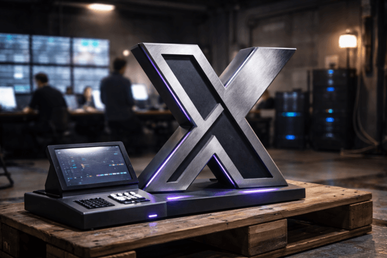 A photorealistic medium-wide cinematic shot, camera positioned approximately 1–2 meters from the subject, capturing a refined real-world hero object: a physical 3D isometric emblem of the X (Twitter) logo, produced as a 25–35 cm freestanding sculpture made from brushed aluminum and matte-painted polymer, resting naturally on a raw wooden pallet. The emblem shows realistic machining marks, subtle surface wear, and accurate official logo proportions; adjacent to it on the pallet are tangible control-panel props — a small angled tablet displaying blurred dashboard charts (no legible text), a compact tactile aluminum slider and a muted status LED cluster — all physically integrated and believable. The object integrates subtle electric-purple accents (#7B63FF) as restrained LED underglow and delicate rim-lighting to indicate intelligence/activity without overpowering realism. Set in an optimized real-world Tech‑Noir live-launch war room: an industrial-modern operations space with concrete floor, exposed cabling, muted server racks and a wall of out-of-focus monitors showing abstract analytics (no readable text), low-traffic cables and production tape on the floor, and a few team members in business-casual attire working in the background — diverse, candid postures, neutral expressions, clearly secondary to the hero object. Lighting is low-key and practical: soft white spotlight from above/side gently reveals form and texture on the emblem, complemented by warm practical desk lamps and cool monitor glow; electric-purple accents are subtle and integrated, not floating or excessive. Camera and framing: medium-wide composition, 35mm/50mm photographic look, foreground sharp on the emblem, natural shallow-to-medium depth of field with creamy bokeh on background monitors and people. Color palette: neutral corporate tones (charcoal, concrete gray, warm raw wood, brushed metal) with restrained neon accents — primary Electric Purple #7B63FF and secondary cool teal/blue highlights. Level of realism: photorealistic, cinematic, premium materials, ultra-detailed surface textures, accurate scale and weight, believable shadows and contact points, 8K. Constraints: no text overlays, no captions, no watermarks, no floating or exaggeratedly glowing logos, no identifiable individuals, logo placement realistic and physically grounded, composition suitable for marketing/corporate use.