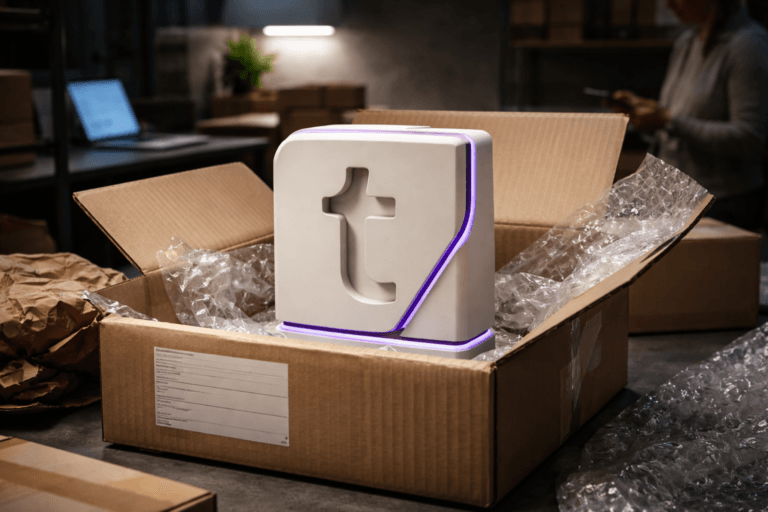A photorealistic medium-wide cinematic shot, camera positioned approximately 1–2 meters from the subject, capturing a physical 3D isometric Typeform logo sculpture (matte off-white satin polymer, ~20–30 cm tall) clearly readable within a realistic environment; the official Typeform mark is accurately embossed on the sculpture surface and subtly painted on an inset face, no floating logos, no exaggerated glow. The sculpture sits upright inside an open corrugated cardboard shipping box surrounded by realistic packing materials (clear bubble wrap, brown crumpled kraft paper, packing tape and a shipping label area left intentionally blank). The object integrates subtle electric-purple accents (#7B63FF) as thin, matte-painted edge inlays and a soft non-emissive LED rim recessed into the base—indicative of intelligence/activity but restrained and physically plausible. Set in a modern Tech‑Noir startup shipping desk environment: low-lit fulfillment corner of an office with concrete textures, a muted industrial shelving unit, a laptop screen casting cool blue light, and a warm desk lamp—natural human presence in the periphery (diverse, candid warehouse-worker hands adjusting the bubble wrap and a blurred colleague checking a tablet), all background figures out of focus so the logo remains dominant. Lighting is low-key and practical, complemented by a soft integrated white spotlight from above and a gentle side rim light to reveal form, texture, and corrugation detail; mix of warm tungsten and cool monitor light to create subtle tech-noir contrast. Camera: 35mm cinematic look, medium-wide framing, shallow-to-medium depth of field (logo and box sharp, background softly blurred), low ISO, high dynamic range, ultra-detailed surface textures (polymer finish, cardboard fibers, bubble reflections). Color palette: neutral corporate tones (greys, taupe, kraft brown, black) with restrained electric purple accents and limited chrome/metal highlights. Photorealistic, premium materials, natural shadows, no text overlays, no watermarks, no extra graphics, ultra-detailed, 8K.