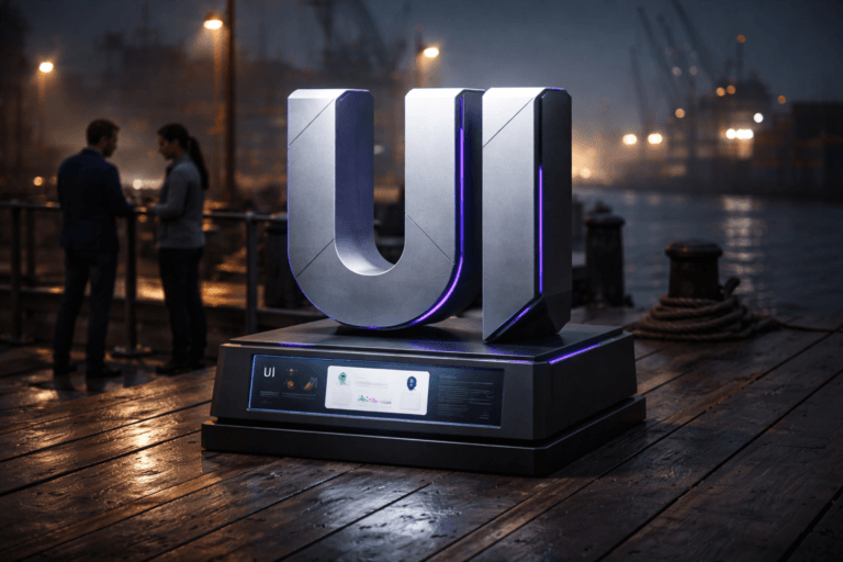 A photorealistic medium-wide cinematic shot, camera positioned approximately 1–2 meters from the subject, capturing a refined real-world hero object: a physical 3D isometric company logo sculpture reading "UI" (approx. 60 cm tall), fabricated from brushed aluminum and matte polymer with crisp isometric facets, mounted on a low industrial pedestal with a thin embedded tempered-glass OLED panel showing a minimal, realistic UI mock card; the official logo is permanently affixed to the sculpture surface and clearly readable from the camera. The object integrates subtle electric-purple accents (hex #7B63FF) as thin LED inlays and small status indicators, implying intelligence without overpowering realism. Set in an optimized real-world Tech‑Noir environment: an evening industrial wooden pier at a working port (cais de porto) with mooring bollards, coiled ropes, distant cranes and stacked containers softly bokeh’d in the background, faint sea mist and wet wood reflections. Natural human presence in the background/periphery: two diverse professionals (product designer + engineer) standing near the railing reviewing a tablet, candid posture, neutral expressions, and a dock worker silhouette further back — all realistic and non-identifiable. Lighting is low-key and practical: warm dock lamps and ship lights provide ambient contrast, restrained neon reflections from containers, complemented by a soft integrated white spotlight from above-left that gently sculpts the logo’s surfaces and reveals texture and depth. Cinematic photographic realism with subtle Tech‑Noir influence, neutral corporate tones (charcoal, steel, warm wood) with restrained electric-purple accents, premium materials (brushed aluminum, matte polymer, tempered glass), soft wet reflections on wood, natural shallow-to-medium depth of field, 35mm/50mm cinematic lens look, aperture for shallow bokeh, medium-wide framing, high dynamic range, ultra-detailed surface microtexture, realistic human skin tones, no floating or glowing logos, no text overlays, no watermarks, no identifiable individuals. Cinematic realism, natural depth of field, premium materials, ultra-detailed, 8K.