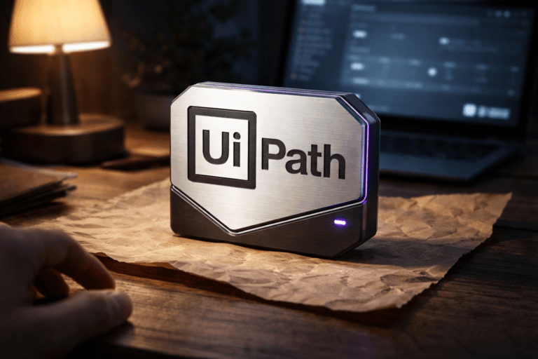 A photorealistic medium-wide cinematic shot, camera positioned approximately 1–2 meters from the subject, capturing a palm-sized, physically plausible 3D isometric sculptural emblem of the official UiPath logo as the refined real-world hero object: precision laser-cut brushed aluminum face with matte-black inlay, chamfered edges, embossed logo details and subtle engraved texture, mounted as a small freestanding plaque resting naturally on crumpled kraft paper; the emblem includes a restrained inlaid status detail — a thin electric-purple LED stripe (#7B63FF) recessed into the rim to indicate activity, low-intensity and non-glowing, plus a tiny soft status LED, all physically integrated (no floating or unrealistic effects) and the UiPath mark clearly readable from 1–2 meters. The object integrates subtle electric-purple accents indicating intelligence or activity without overpowering realism. Set in a minimalist, lived-in Tech‑Noir studio tableau: a slightly worn wooden tabletop with crumpled kraft paper backdrop and soft paper texture visible, a warm practical desk lamp to the left, a soft integrated white spotlight from above-right gently revealing form and metal sheen, and a dim laptop monitor in the mid-background showing a blurred Orchestrator-style dashboard bokeh (UI unreadable, logo present realistically on the laptop bezel) — natural human presence is in the periphery: a blurred, diverse operator’s hand reaching toward the emblem and a seated operator out of focus at the desk, secondary to the object. Lighting is low-key and controlled with practical sources, warm ambient fill, subtle electric-purple rim light for accent, soft specular highlights on metal, deep but natural shadows to enhance depth and texture. Composition: medium-wide cinematic framing, 35mm photographic look, camera height slightly above object, shallow-to-medium depth of field with the emblem crisply in focus and background softly blurred, premium materials, ultra-detailed surface microtexture, photorealistic rendering, ultra-high detail, 8K. Constraints: no captions, no text overlays, no watermarks, no floating or exaggerated glow, brand logo placement is realistic and restrained.