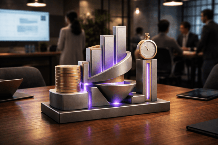A photorealistic medium-wide cinematic shot, camera positioned approximately 1–2 meters from the subject, capturing a physical tabletop sculpture that concretely represents "Unit Economics": a 60–80 cm tall, real-world 3D isometric sculpture composed of interlocking modular blocks and recognizable pictograms (coin disk for revenue, upward stacked bars for LTV, funnel-shaped arced plate for CAC, and a slim stopwatch column for payback) — all rendered as tangible materials (brushed aluminum, matte-painted polymer, frosted glass insets, and polished brass highlights) so each module is instantly readable at a 1–2 meter viewing distance. The sculpture sits centered on a walnut meeting table and includes subtle integrated electric-purple LED accents (#7B63FF) within the frosted glass seams to indicate activity, without glowing or floating, and with no text or numeric labels. Set in a lived-in Tech‑Noir corporate meeting environment: a modern leadership room inside an industrial conversion space — polished concrete factory floor with yellow safety stripes, large wall monitor showing a blurred dashboard of charts (no legible text), laptops and tablets on the table, and natural human presence (Marketing, Product, Finance, Technology) standing and seated around the table, diverse professionals in neutral, candid postures, secondary to the sculpture. Lighting is low-key and practical: warm pendant fixtures, soft daylight from high industrial windows, laptop and monitor screens as practical fills, complemented by a soft integrated white spotlight from above/side that sculpts the form and reveals texture and premium materials. Cinematic photographic realism with subtle Tech‑Noir influence, neutral corporate palette (charcoal, slate, warm wood) with restrained electric purple accents, 35mm photographic look, medium-wide framing, shallow-to-medium depth of field (sculpture tack-sharp, people softly defocused), natural filmic grain, ultra-detailed surface textures, premium materials, no captions, no text overlays, no watermarks, photorealistic, 8K.