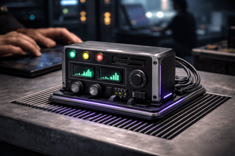 A photorealistic medium-wide cinematic shot, camera positioned approximately 1–2 meters from the subject, capturing a tangible isometric 3D miniature "server uptime dashboard" sculpture clearly readable within a realistic environment — a physically plausible miniature server-rack dashboard in isometric form: compact anodized-aluminum chassis with matte-black insets, three realistic semaphore LEDs (green, yellow, red) with practical LED lenses, two small embedded OLED status panels showing simplified green graphs (no text), tactile mechanical dials, braided power/network cables and visible RJ45/power connectors, all mounted on a low isometric base with subtle circuit-etching and premium fasteners; the object is instantly recognizable at 1–2 meters and built from real materials. The object integrates subtle electric-purple accents (hex #7B63FF) as thin LED rims, cable sleeving and minimal indicator glow to indicate intelligence without overpowering realism. Set in a lived-in tech-noir ops environment: placed on a brushed aluminum heatsink surface with visible fins and thermal texture on a technician bench, with shallow bokeh server-rack lights and an operations workstation in the background; natural human presence is secondary — blurred hands reaching for a tablet in the midground and a diverse operator silhouette consulting a laptop in the distance, candid and neutral. Lighting is low-key and practical (OLED displays, rack LEDs, tablet screen), complemented by a soft integrated white spotlight from above/side gently revealing form, texture and depth; subtle purple rim light emphasizes edges. Cinematic photographic realism, 35mm/50mm look, medium-wide framing, slight top-down isometric angle, natural shallow-to-medium depth of field, premium materials (brushed metal, tempered glass, matte plastic, braided cable), ultra-detailed textures, no text overlays, no captions, no watermarks, no floating logos, photorealistic, ultra-detailed, 8K.