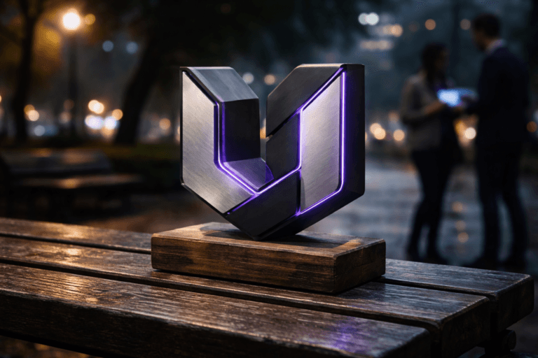 A photorealistic medium-wide cinematic shot, camera positioned approximately 1–2 meters from the subject, capturing a physical 3D isometric sculpture of the "Usabilidade" brand logo as the refined real-world hero object: a freestanding, easily readable emblem (~30–40 cm wide) made from brushed aluminum and matte black polymer with precision-cut isometric facets, mounted on a small reclaimed-wood plinth; the logo bears a realistic, integrated thin LED seam with subtle electric purple (#7B63FF) edge illumination indicating activity — restrained, realistic, no floating glow — placed naturally resting on a wooden and cast-iron park bench slat with accurate contact shadows. Set in an urban park at dusk with a Tech‑Noir mood: damp stone paths, distant city lights, and restrained neon reflections; practical light sources include a warm streetlamp and nearby phone/tablet screens, complemented by a soft integrated white spotlight from above/side gently revealing form, texture and material detail. Medium-wide cinematic framing, 35mm–50mm photographic look, slight low-angle (~10°) to emphasize presence, shallow-to-medium depth of field that keeps the logo sharply in focus while rendering background people and furniture softly blurred; two diverse, candid professionals appear in the background/periphery (secondary, non-identifiable, natural poses). Color palette: neutral corporate tones (charcoal, warm wood, cool steel) with restrained electric purple accents and soft cyan/amber city highlights. Lighting: low-key, controlled ambient, practical light sources, soft specular highlights on metal, natural soft shadows. Visual style: photorealistic cinematic realism with subtle Tech‑Noir influence, premium materials, ultra-detailed surface texture (metal grain, wood pores, cast-iron patina), realistic reflections and contact shadows. Constraints: no text overlays, no captions, no watermarks, no trademark floating or dominant glow, no identifiable real persons. Cinematic realism, natural depth of field, premium materials, ultra-detailed, 8K.