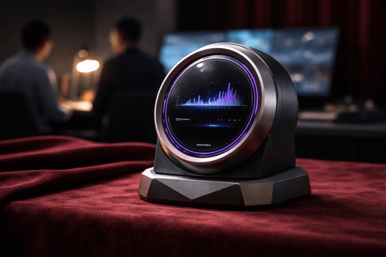 A photorealistic medium-wide cinematic shot, camera positioned approximately 1–2 meters from the subject, capturing a refined real-world hero object: a tactile "usage meter" desktop sculpture—a physically plausible smart hydrômetro-inspired device made of brushed aluminum, matte black polymer and smoked glass, circular analog-style dial fused with a small high-resolution OLED panel (display shows abstract moving graphs and meters, no text), a discrete idempotent-event status LED ring with subtle electric purple #7B63FF accents indicating activity, mounted on a low-profile faceted pedestal that evokes isometric geometry but remains a real, manufacturable object; the device is clearly readable and legible from the camera distance. The object integrates subtle electric-purple accents indicating intelligence or activity without overpowering realism. Set in a minimalist product-studio / control-room vignette with a real crimson red velvet backdrop and velvet-draped tabletop, a shallow blurred control console and a couple of diverse, professional engineers in the background periphery (neutral expressions, non-identifiable faces, candid posture) observing the device—human presence secondary and out of focus. Lighting is low-key and practical: a small warm desk lamp to the side, dim cool control-screens behind, and a soft integrated white spotlight from above and slightly to the side gently revealing form, texture, and depth; add a restrained electric-purple rim light to emphasize the LED ring without creating unnatural glow. Cinematic photographic realism, neutral corporate palette (charcoal, steel, warm metals, deep crimson velvet) with restrained neon accents (electric purple #7B63FF), medium-wide framing with a 35mm–50mm photographic look, shallow-to-medium depth of field (subject pin-sharp, background softly blurred), premium materials (brushed metal, smoked glass, textured polymer, velvet) rendered ultra-detailed, photoreal, 8K. No text, no captions, no watermarks, no floating or oversized logos, no surreal effects.