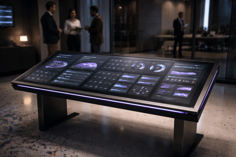 A photorealistic medium-wide cinematic shot, camera positioned approximately 1–2 meters from the subject, capturing a refined real-world hero object: a freestanding horizontal interactive console table (approx. 1.6 m wide) with a frosted glass surface and embedded high-resolution OLED touch area showing a polished 3D-isometric dashboard — organized visual components (cohort charts, CAC/LTV dials rendered as tactile 3D tokens, adjustable levers, backlog cards and miniature creative thumbnails) physically modeled as low-profile raised modules and subtle holographic layers 2–4 cm above the glass, all clearly readable from 1–2 m. The object integrates subtle electric-purple accents (#7B63FF) via thin LED inlays, soft UI glows and select indicator lights to imply intelligence or activity without overpowering realism. Set in a believable Tech‑Noir growth war‑room: modern corporate meeting space with low-key, matte charcoal walls, floor-to-ceiling glass, polished white floor scattered with small colorful paper confetti (post-sprint celebration) creating a lived-in, slightly playful foreground. Natural human presence in the background and periphery: 3 diverse professionals in business-casual, candid postures, neutral expressions, interacting with devices or discussing at a distance — secondary to the console, faces slightly softened by depth of field, no identifiable people. Lighting: controlled low-key scene with practical sources (table OLEDs, wall monitors, a desk lamp), gentle integrated white spotlight from above/side to reveal form and texture, and restrained electric-purple rim accents for Tech‑Noir mood. Visual style: cinematic photographic realism, ultra-detailed materials (matte black aluminum frame, brushed steel legs, frosted glass, soft-touch silicone controls), neutral corporate palette with restrained neon accents (electric purple as primary accent, subtle cyan highlights), natural shallow-to-medium depth of field, 35mm/50mm photographic look, medium-wide composition, balanced negative space and clear subject hierarchy. Level of realism: photorealistic, no surreal elements. Constraints: no captions, no readable text on the UI, no floating or dominant logos, no watermarks, no text overlays. Cinematic realism, natural depth of field, premium materials, ultra-detailed, 8K.