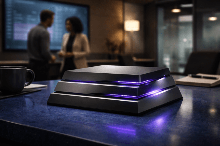 A photorealistic medium-wide cinematic shot, camera positioned approximately 1–2 meters from the subject, capturing a refined real-world hero object, including logo if applicable, clearly readable within a realistic environment. The hero object is a physically plausible "User Engagement Console" — a palm-sized, isometric three-tier desktop sculpture (approx. 28–35 cm wide) made of brushed aluminum, matte black polymer and frosted acrylic tiers, each tier containing discreet embedded OLED status bars and diffused LED veins that indicate activity with restrained Electric Purple #7B63FF accents (no text, no floating or dominant logos). The console sits on a cobalt‑blue glazed ceramic surface (polished, slightly reflective, visible micro-texture). Set in a modern Tech‑Noir corporate innovation/marketing "war room": low matte walls, a large muted wall monitor and glass whiteboard softly out of focus, tinted city window in the distance, and two diverse professionals in business‑casual clothing at the periphery engaged in candid discussion (secondary to the object). Lighting is low‑key and practical — warm desk lamp and cool monitor glow providing rim and fill, complemented by a soft integrated white spotlight from above/side to gently reveal form, texture and depth; Electric Purple accents are subtle signals of intelligence, not overpowering. Cinematic photographic realism, 35mm (optionally 50mm) lens look, medium‑wide framing, shallow‑to‑medium depth of field (aperture ~f/2.8–f/4), natural filmic grain, high dynamic range, ultra‑detailed materials and micro‑surface textures, accurate reflections and soft refractions, premium production quality, 8K. Color palette: neutral corporate tones (charcoal, slate, warm wood) with cobalt‑blue surface and restrained neon accents in Electric Purple #7B63FF and cool cyan; composition places the console slightly on the right third with human figures blurred in background and contextual scale cues (coffee cup, notepad) to ensure readability. Cinematic Tech‑Noir realism, no captions, no text overlays, no watermarks.