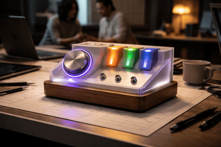 A photorealistic medium-wide cinematic shot, camera positioned approximately 1–2 meters from the subject, capturing a refined real-world hero object: a tactile "feedback console" sculpture — a physically plausible 40cm-wide desktop installation inspired by 3D isometric geometry, constructed from stacked matte-frosted acrylic plates, warm brushed aluminum hardware, and a solid walnut base; features a smooth mechanical rotary dial with a subtle electric-purple (#7B63FF) LED halo, three translucent colored token slides (channel indicators), and a small circular analog meter with a visible needle (meter face intentionally blank, no text). The object is clearly readable and touchable within a realistic environment. The object integrates subtle electric-purple accents indicating intelligence or activity without overpowering realism. Set in a modern product design studio / corporate war-room table: a professional drafting lightbox glowing from underneath, scattered sketch sheets, a slim laptop and tablet to the side, pens, and a ceramic coffee cup — natural human presence visible in the background and periphery (two diverse professionals in neutral, candid posture reviewing a tablet, softly out of focus). Lighting is low-key and practical: strong soft glow from the lightbox beneath the sculpture, complementary laptop and tablet screens, a warm desk lamp, and a soft integrated white spotlight from above and to the side gently revealing form, texture, and depth; restrained neon rim-lighting in electric purple for accents and subtle reflections on acrylic and metal. Style: cinematic photographic realism with subtle Tech-Noir influence, neutral corporate color palette (warm wood, brushed metal, frosted white) with restrained electric-purple accents (#7B63FF). Camera and framing: medium-wide composition, 35mm / 50mm photographic look, shallow-to-medium depth of field focusing on the sculpture, background people and objects naturally blurred. Materials and details: ultra-detailed surface textures (microscopic frost on acrylic, brushed metal grain, warm wood grain), believable scale and ergonomics, no floating or glowing logos, no text overlays, no watermarks. Cinematic realism, natural depth of field, premium materials, ultra-detailed, 8K.