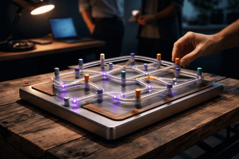 A photorealistic medium-wide cinematic shot, camera positioned approximately 1–2 meters from the subject, capturing a tactile, physically plausible "user flows" tabletop sculpture clearly readable within a realistic environment: a 3D isometric, metro-style flow model made from frosted matte acrylic rails mounted on a premium brushed-aluminum base with warm wood inlays; colored metal station pegs (muted corporate palette) define nodes and junctions, raised junction plates and subtle engraved texture provide tactile detail, and embedded micro-LED nodes glow in restrained Electric Purple #7B63FF to indicate active routes and intelligence (no readable labels). The object integrates subtle electric-purple accents indicating intelligence or activity without overpowering realism. Set on a raw reclaimed-wood pallet in a modern product-studio / tech-noir war-room: concrete floor, low-profile laptop and an angled desk lamp at the periphery, cable-organizer and notebooks, with two diverse professionals in business-casual clothing blurred in the background and one hand in soft focus reaching to adjust a station peg (people are secondary and non-identifiable). Lighting is low-key and practical — warm desk lamp and cool laptop screen provide local sources, complemented by a soft integrated white spotlight from above at a 30° angle to gently reveal form, texture, and depth; subtle rim light separates the object from the background. Cinematic photographic realism, 35mm–50mm lens look, medium-wide framing, natural shallow-to-medium depth of field, premium materials, ultra-detailed surface microtexture, realistic reflections and soft subsurface scattering on acrylic, no captions, no text overlays, no watermarks, photorealistic, ultra-detailed, 8K.