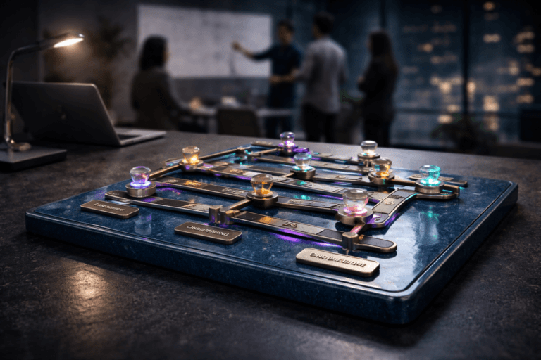 A photorealistic medium-wide cinematic shot, camera positioned approximately 1–2 meters from the subject, capturing a refined real-world hero object: a physically plausible isometric "metro map" sculpture representing User Journey Mapping — a precision-crafted 3D tabletop model of a user journey rendered as a miniature isometric metro network made from painted resin, brushed brass rails, and small domed station tokens; raised color-coded tracks, engraved labels on tactile metal plaques (legible scale for a 1–2 meter viewing distance), and tiny embedded LED inlays. The object sits on a glossy cobalt-blue glazed ceramic surface and integrates subtle electric‑purple accents (#7B63FF) as thin LED inlays and soft rim lighting at active nodes to suggest intelligence/activity without overpowering realism. Set in a modern design studio / corporate product strategy room optimized for Tech‑Noir mood: dark matte surfaces, a large night-city window with faint reflections, a laptop and a task lamp as practical light sources, and a minimalist gradient backdrop that remains believable and lived-in. Natural human presence in the background/periphery: 2–3 diverse professionals in smart-casual attire, candid and secondary — one pointing toward a wall-mounted whiteboard, all softly out of focus. Lighting is low-key and practical, complemented by a soft integrated white spotlight from above slightly to the side, gentle purple accent rim light, and subtle specular highlights that reveal material texture and depth. Composition and camera: medium-wide framing with a slight top-down isometric perspective, 35mm photographic look, camera height ~0.9–1.2m, natural shallow-to-medium depth of field keeping the sculpture razor-sharp and the background creamy-blurred. Materials and detail: polished painted resin, brushed brass, matte ceramic, soft silicone station markers, visible fine machining/textural detail, realistic reflections and micro-shadowing. Color palette: neutral corporate tones (graphite, slate, warm concrete) with restrained neon accents (electric purple #7B63FF, soft cyan), cobalt-blue ceramic base dominant. Level of realism: photorealistic, cinematic photographic realism with subtle Tech‑Noir influence, premium materials, ultra-detailed, 8K. Constraints: no text overlays, no captions, no watermarks, no floating or dominating logos, keep scene brand-safe and realistic. Cinematic realism, natural depth of field, premium materials, ultra-detailed, 8K.