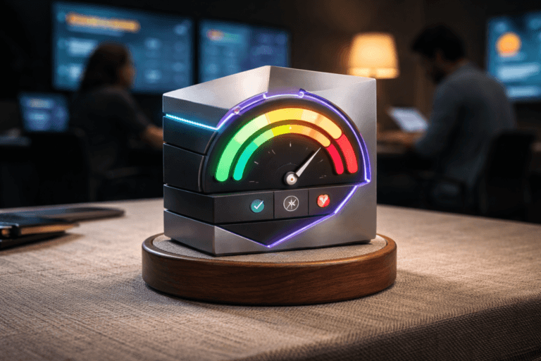 A photorealistic medium-wide cinematic shot, camera positioned approximately 1–2 meters from the subject, capturing a refined real-world hero object: an isometric-inspired 3D "User Satisfaction" dashboard sculpture — a handheld-size (≈20 cm) physical object plausibly manufactured and instantly readable at 1–2 m. The sculpture is a stacked, isometric-truncated cube made of brushed aluminum faces, soft-touch matte black acrylic planes and translucent colored resin insets; front layers feature three inset segmented LED arcs (green → yellow → red) and a small analog-style needle gauge with tactile micro-engraved icons (checkmark, heart, bar) — all indicators are functional-looking LEDs, not text. The sculpture rests on a low walnut wood puck with a linen fabric inlay that visually links to the tabletop. Subtle electric purple (#7B63FF) accents are integrated as a thin translucent LED ring in the resin and a delicate rim-light on the aluminum edges to indicate intelligence/activity without overpowering realism. Set in a realistic Tech‑Noir Customer Experience operations environment: the object sits on a raw braided natural linen tabletop in a dim, lived-in CX ops room; in the background, wall-mounted monitors and one desktop screen display blurred abstract dashboards and heatmap-like visuals, a diverse CX agent in soft focus types at a station, and a second person consults a tablet — human presence is realistic, candid, and secondary to the object. Lighting is low-key and practical: soft glow from nearby monitors and a warm desk lamp, complemented by a controlled soft integrated white spotlight from above/side that gently sculpts form and reveals premium materials and texture (brushed metal, matte acrylic, resin, wood, woven linen). Composition and camera: medium-wide cinematic framing, 35mm/50mm photographic look, camera ~1.2–1.8 m from object, natural shallow-to-medium depth of field with the sculpture sharply in focus and background elements softly blurred, slight dutch angle avoided for stability. Color palette: neutral corporate tones (warm walnut, off-white linen, matte black, brushed aluminum) with restrained neon accents (electric purple #7B63FF, teal-cyan resin highlights, warm amber LED), subtle specular reflections and soft shadowing. Style and render: cinematic photographic realism with subtle Tech‑Noir influence, ultra-detailed textures, realistic skin tones on background figures, photorealistic materials, high dynamic range, 8K, ultra-detailed. Constraints: no text, no captions, no logos floating or glowing, no watermarks, no visible brand names, no stylized type overlays.