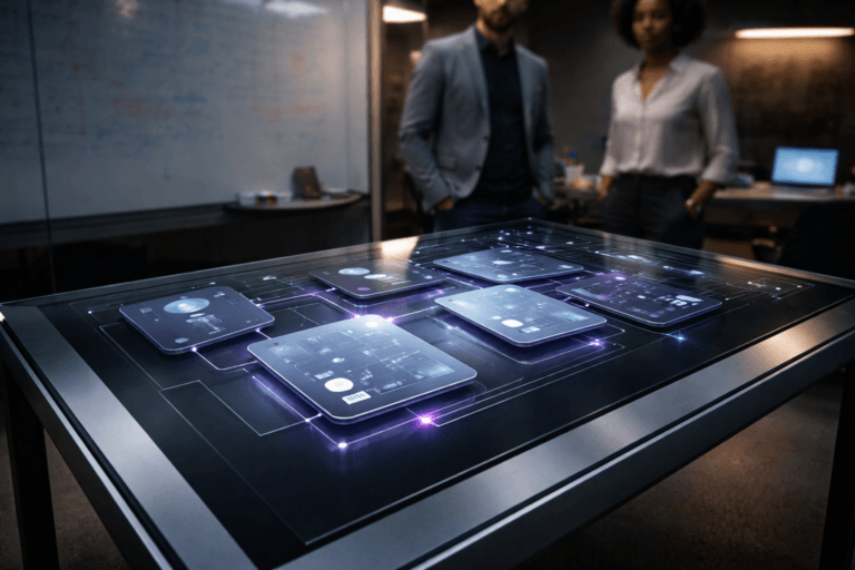 A photorealistic medium-wide cinematic shot, camera positioned approximately 1–2 meters from the subject, capturing a refined real-world hero object: a sleek interactive glass touchscreen control table (premium beveled glass surface, matte aluminum frame) showing a photorealistic isometric 3D visualization of a streamlined UX control panel — interconnected modular UI cards, tactile micro-interaction tiles, and flowing connection lines rendered with subtle layered depth on the table surface, all fully readable and physically plausible; the on-screen composition uses isometric geometry but appears as a real, touch-responsive display, with delicate electric purple accents (#7B63FF) on connection highlights and activity edges (no floating logos, no text overlays). The object integrates subtle electric-purple accents indicating intelligence or activity without overpowering realism. Set in a modern UX lab / collaborative design workshop — a lived-in corporate studio beside a large glass whiteboard with colorful erased annotations and faint sticky-note residue, scattered markers and a laptop on a side table; two diverse professionals in business-casual attire stand or lean in the background, candid postures, neutral expressions, secondary to the main object. Lighting is low-key and practical: soft integrated white spotlight from above and slightly to the side, warm desk lamp fill, ambient daylight from a high window, and subtle screen glow from the tabletop giving soft rim light; materials show realistic reflections, subtle fingerprints, and fine surface texture. Cinematic photographic realism with a restrained Tech‑Noir mood, neutral corporate palette with restrained neon accents, shallow-to-medium natural depth of field, 35mm photographic look, medium-wide framing, premium materials, ultra-detailed surface and micro-detail, no captions, no text overlays, no watermarks, photorealistic, ultra-detailed, 8K.