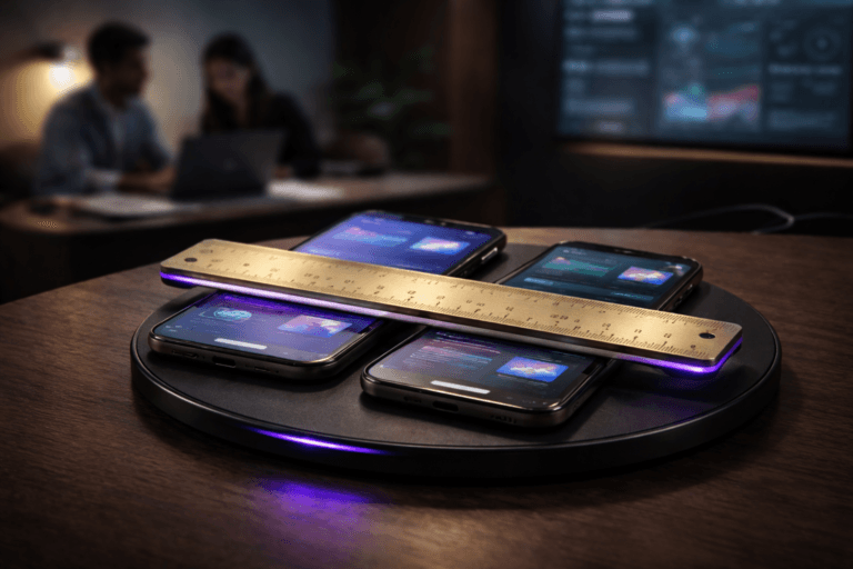 A photorealistic medium-wide cinematic shot, camera positioned approximately 1–2 meters from the subject, capturing a tactile gold quality ruler (solid brass, gold‑plated, engraved measurement marks and inspection notches, subtle matte finish) with a thin electric-purple LED edge, placed across two modern smartphones showing distinct generic mobile UI interfaces (mockups only, no readable text), all resting on a black circular wireless charging pad (matte finish, low-profile), the ruler and screens clearly readable and instantly recognizable within a realistic environment. The object integrates subtle electric-purple accents (#7B63FF) indicating intelligence or activity (LED trim on ruler, faint ring on charger) without overpowering realism. Set in a modern product design studio meeting area with a dark wood table and a minimal soft-gradient wall, large glass partition with a blurred digital dashboard of charts in the far background — a lived-in Tech‑Noir environment where two diverse designers appear candidly in the periphery reviewing a laptop, secondary and out of focus. Lighting is low-key and practical: soft glow from the smartphone screens, a warm angled desk lamp, subtle LED ambient strips, complemented by a soft integrated white spotlight from above and slightly to the side that sculpts form and reveals texture on metal, glass, and leather. Composition: slight isometric arrangement (45° angled top/three-quarter view) to emphasize measurement and comparison, primary subject centered and dominant, camera using a 35mm cinematic lens look, shallow-to-medium depth of field with precise focus on the ruler and phone screens, natural bokeh for the background. Color palette: neutral corporate tones (charcoal, matte black, warm wood, muted gray) with restrained electric-purple accents and soft gold highlights. Visual style: cinematic photographic realism with subtle Tech‑Noir influence, premium materials, ultra-detailed surface textures (brushed metal, tempered glass, soft-touch plastics), realistic reflections and microdetail. Constraints: no text overlays, no captions, no watermarks, no visible brand logos or identifiable individuals, no floating or exaggerated glowing elements. Cinematic realism, natural depth of field, premium materials, ultra-detailed, 8K.