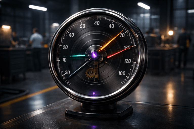A photorealistic medium-wide cinematic shot, camera positioned approximately 1–2 meters from the subject, capturing a refined, physically plausible vintage analog speedometer-style instrument as the single dominant hero object: a standalone 35–40 cm diameter circular industrial gauge mounted on a matte-black metal pedestal, thick anti-reflective glass face, brushed chrome bezel, finely engraved white numerals and tick marks, visible mechanical depth with concentric rings and a small aperture revealing brass gears, and multiple distinct precision needles — three primary needles in teal, amber, and deep crimson plus a slim status needle with a subtle electric-purple hub — each pointing to different values and fully legible from 1–2 meters. The object integrates subtle electric-purple #7B63FF accents (thin rim light, recessed LED halo at the needle hub, faint basal glow) indicating intelligence or activity without overpowering realism. Set in an optimized Tech‑Noir industrial workshop environment: polished factory concrete floor with reflective sheen and bold yellow safety stripes, scattered workbenches and tool cabinets in the mid-ground, large industrial windows with a distant city-night glow, and a few diverse technicians in business‑casual and safety vests moving or inspecting equipment in the background, candid and deliberately out of focus so people remain secondary. Lighting is low-key and practical — cool overhead industrial strip lights, warm tungsten task lamps on benches, complemented by a soft integrated white spotlight from above/side that gently reveals form, texture, and depth; controlled reflections on glass and chrome, restrained neon accents, no exaggerated bloom. Camera: 35mm or 50mm cinematic look, slight three-quarter top-down angle (isometric-inspired geometry but photoreal), shallow-to-medium depth of field (approx f/2.8–4), focus plane on the gauge face so needles and engraved markings are razor-sharp while background softens. Color palette: neutral corporate tones (charcoal, brushed metal, concrete) with restrained accent colors (electric purple #7B63FF, teal, amber, deep crimson). Level of realism: photorealistic, tactile materials, ultra-detailed microtexture, natural depth of field, realistic human presence. Constraints: no text, no captions, no logos, no watermarks, no floating or unnatural light sources, high dynamic range, ultra-detailed, 8K. Cinematic realism, natural depth of field, premium materials, ultra-detailed, 8K.
