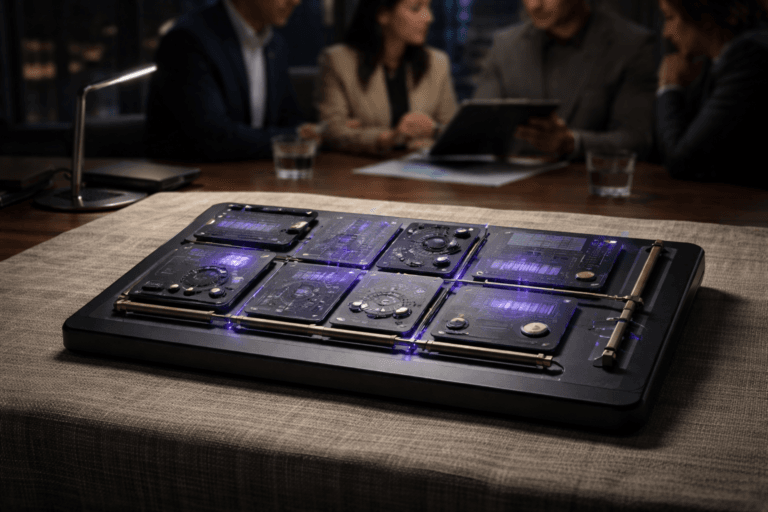 A photorealistic medium-wide cinematic shot, camera positioned approximately 1–2 meters from the subject, capturing a refined real-world UX Scorecard cockpit: an ultra-premium matte-black aluminum tabletop dashboard (≈60×40 cm) with a physical isometric grid of 3D modular metric tiles — each tile a clear tempered-resin card with subtle embossed iconography (no readable text), tiny analog-style micro-dials, low-profile LED bar meters and thin fiber-optic connectors that pulse with restrained Electric Purple #7B63FF; polished brass rails and matte rubber tactile sliders connect elements so they read as a single, harmonious "experience" system, physically plausible, instantly recognizable from 1–2 m. The object integrates subtle electric-purple accents indicating intelligence or activity without overpowering realism. Set in a modern Tech‑Noir meeting tableau on a raw woven natural linen (crude, braided) cloth draped over a wooden table, with diverse professionals (3 people) in the background, candid and neutral, slightly out of focus and consulting a tablet — a believable lived-in corporate environment with minimal props. Lighting: low-key, practical sources (laptop screens, a slim desk lamp), complemented by a soft integrated white spotlight from above/side to reveal form, texture and depth; controlled reflections on metal and resin, minimal specular glare, restrained neon bloom on purple accents. Camera: medium-wide 35mm/50mm photographic look, slight 10° top-down angle, shallow-to-medium depth of field, natural bokeh on city-night window or blurred meeting-room elements in background. Color palette: neutral corporate tones (charcoal, warm wood, natural linen), muted chrome, with Electric Purple #7B63FF as the single accent color; high-fidelity material rendering (matte metal, glass, resin, textile). Style and realism: cinematic photographic realism with subtle Tech‑Noir influence, ultra-detailed textures, photoreal rendering, 8K. Constraints: no legible text or captions on objects, no floating or dominant logos, no watermarks, no stylized type overlays, purple accents subtle (no overpowering glow), people must look realistic and unidentifiable.