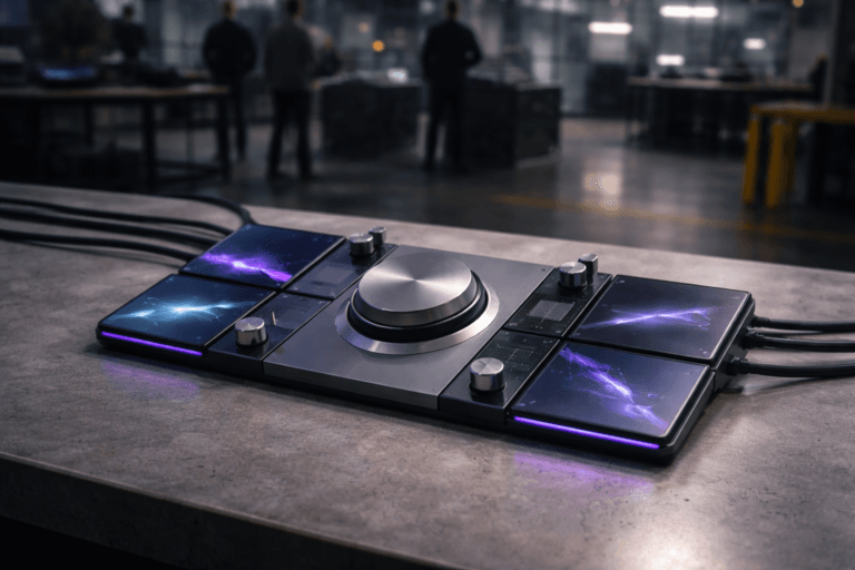 A photorealistic medium-wide cinematic shot, camera positioned approximately 1–2 meters from the subject, capturing a sleek adaptive control console as the refined real-world hero object: a tabletop "product compass" device ~60cm wide with a central tactile circular dial (matte anodized aluminum), six modular magnetic glass tiles with live abstract UI graphics (no readable text), three precision metal knobs, and braided cable conduits that visibly connect modules — all instantly legible at 1–2m. The object integrates subtle electric-purple accents (#7B63FF) as thin LED trims and micro-indicators to signal intelligence/activity without overpowering realism. Set in an industrial modern factory bay with a polished concrete floor and high-visibility yellow safety floor markings, distant workbenches, overhead gantries and soft depth; the layout is isometric-inspired in its geometric module arrangement but photographed photorealistically, with 3–4 diverse professionals in the background (business-casual / shop-appropriate clothing), candid and secondary to the device. Visual style: cinematic photographic realism with a subtle Tech‑Noir influence, neutral corporate tones (charcoal, steel, concrete) with restrained neon accents (electric purple dominant). Lighting: low-key and practical — cool industrial overhead fixtures, warm tungsten task lamps in the distance, active screen glow, plus a soft integrated white spotlight from above/side gently revealing form, texture and depth; electric‑purple LEDs provide faint accent fill. Camera and framing: medium-wide composition, 35mm photographic look, slight low angle, shallow-to-medium depth of field focusing on the console (background softly blurred), natural perspective and correct parallax. Materials and texture: tempered glass tiles, brushed aluminum, matte soft‑touch silicone knobs, polished concrete reflection, ultra-detailed surface microtextures. Level of realism: full photorealism, no surreal floating elements, believable scale and human interaction. Color palette: neutral grays and charcoals, polished concrete beige, safety yellow floor stripes, subtle electric purple accents (#7B63FF), restrained cool highlights. Constraints: no text or captions on screens, no visible brand logos or watermarks, no floating or glowing logos, no excessive neon bloom; ultra-detailed, 8K, premium materials, cinematic realism.