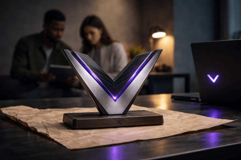 A photorealistic medium-wide cinematic shot, camera positioned approximately 1–2 meters from the subject, capturing a refined, real-world hero object: a freestanding 3D isometric "V-Shaped" brand emblem — precision-machined brushed aluminum and matte black acrylic forming a calibrated V-ruler motif, mounted on a low-profile black walnut desk base, the official V-Shaped logo laser-etched subtly on the front face and repeated realistically as a small sticker on a nearby laptop screen; integrated micro-LED channels along the inner edges emit restrained electric purple (#7B63FF) accents to indicate activity without overpowering the material realism, size and detail calibrated to be clearly readable from 1–2 meters. The object sits on a partially smoothed, crumpled kraft-paper sheet used as a tactile backdrop on an industrial-tech tabletop, set in a polished tech-noir studio environment: muted concrete wall, soft reflections on metal and wood surfaces, and two diverse professionals blurred in the background reviewing a tablet (natural, candid posture, secondary to the emblem). Lighting is low-key and practical — a warm desk lamp and a dim laptop/monitor glow provide contextual illumination while a soft integrated white spotlight from above and slightly to the side sculpts form and texture, producing natural highlights on brushed metal and subtle shadows in paper creases; electric purple accents are subtle and contained to LEDs and small screen glows. Cinematic photographic realism, 35mm/50mm lens look, medium-wide framing, shallow-to-medium depth of field, premium materials, tactile surface details (paper fiber, brushed metal grain, walnut texture), ultra-detailed, no captions, no text overlays, no watermarks, photorealistic, 8K.
