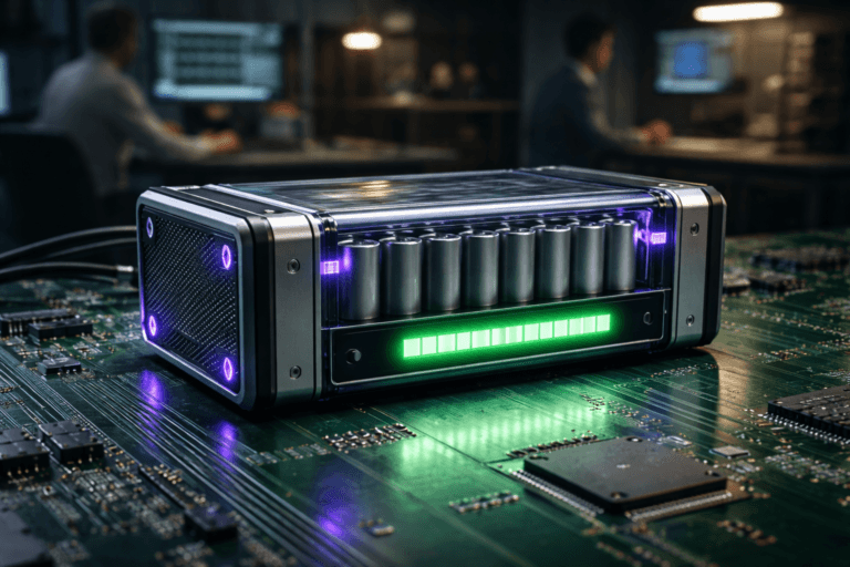 A photorealistic medium-wide cinematic shot, camera positioned approximately 1–2 meters from the subject, capturing a refined, physically plausible lithium-ion battery module as the clear hero object: a high-capacity rectangular energy pack with transparent polycarbonate casing revealing neat cylindrical cells, brushed-aluminum end caps, textured matte-black rubber grip, and a built-in green LED charge indicator bar glowing brightly and legibly on the front. The battery includes subtle Electric Purple accent lighting (#7B63FF) recessed into ventilation seams and connector bezels to imply intelligence/activity without overpowering realism. Set on a macro oversized green printed circuit board (PCB) stage — realistic solder pads, plated through-holes, fine copper traces and vias visible at large scale, occasional passive components and SMT chips to anchor believability — placed in a professional electronics lab/studio environment with natural human presence: two engineers/technicians in the background or periphery, diverse, professional clothing, candid postures, neutral expressions, not competing with the hero object. Lighting is low-key and practical: soft warm bench-lamp and instrument screens in the background, a soft integrated white spotlight from above at a 30–45° side angle gently revealing form, texture and depth, with controlled specular highlights on polycarbonate and brushed metal and restrained neon reflections from the purple accents. Camera/framing: medium-wide composition, slightly elevated 30° angle (slightly isometric feel but photographic), 35mm or 50mm lens look, aperture ~f/2.8–f/4 for shallow-to-medium depth of field, natural bokeh on background humans and instruments, camera-quality focus on the battery and charge indicator, low ISO, cinematic color grading — neutral corporate tones with restrained neon accents (electric purple and the green charge glow). Materials ultra-detailed: visible micro-scratches, seam joins, PCB texture, copper patina, realistic solder gloss. Constraints: photorealistic rendering, no text overlays or captions, no watermarks, no floating or dominant logos, no surreal elements, premium materials, ultra-detailed, 8K.