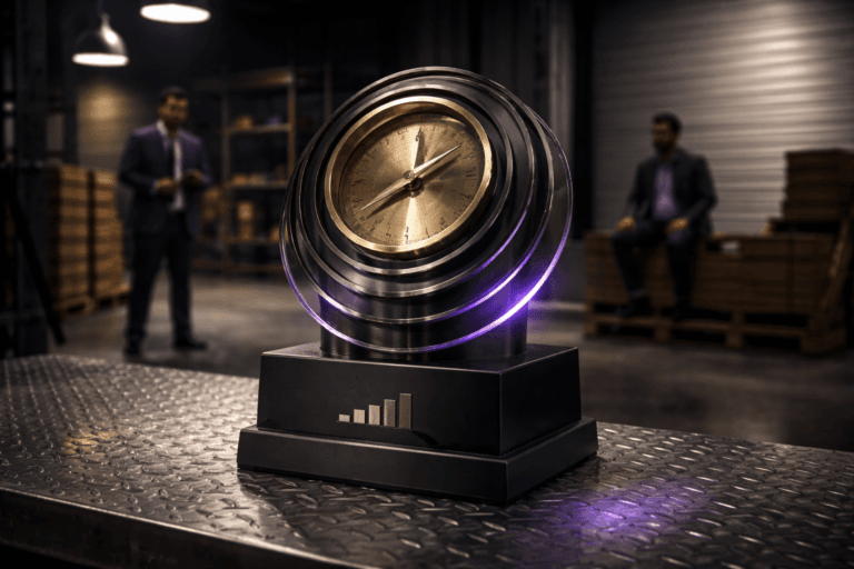 A photorealistic medium-wide cinematic shot, camera positioned approximately 1–2 meters from the subject, capturing a refined real-world hero object: a tangible "LTV Compass" sculpture — a physically plausible, 40–60 cm high industrial-design trophy combining a precision brass compass dial (clear engraved degrees and a subtle north marker) mounted on a matte black solid-plinth, surrounded by four concentric, stacked smoked-glass rings arranged in a precise isometric stepped geometry that represent customer cohorts. The plinth includes a small inlaid brushed-steel mini bar-chart relief and discreet cable channel; the outermost ring has a thin, subtle electric purple LED rim glow (#7B63FF) indicating intelligence/activity (integrated, low-intensity, non-floating). Materials: brushed brass, matte powder-coated metal, polished chrome fasteners, tempered smoked glass, micro-textured rubber base — visible machining marks and realistic seams. Set in an optimized real-world Tech-Noir environment: an industrial nighttime loading dock with diamond-checker metal floor (chapa xadrez), pallet racks, a rolling dock door slightly ajar, and faint backlight. Ambient practical lights: an overhead industrial pendant lamp and a side soft integrated white spotlight gently revealing form, plus restrained purple practical accents reflecting off metal surfaces and the glass rings. Natural human presence in the periphery: two diverse professionals in work-casual attire blurred at medium depth, one holding a tablet showing faint cohort charts, another leaning on a pallet — candid, neutral expressions, secondary to the object. Composition and camera: 35mm cinematic photographic look, medium-wide framing, subject centered slightly off-axis, camera ~1.5 meters from object, shallow-to-medium depth of field (soft background bokeh preserving readable background context), eye-level to slightly elevated, 1/60s equivalent, soft filmic grain. Color palette: neutral industrial tones (charcoal, graphite, steel) with restrained neon accents and primary electric purple #7B63FF subtle highlights; high-contrast low-key lighting with careful specular highlights on brass and glass. Mood: Tech-Noir meets corporate craft — authoritative, tactile, and strategic. Render: photorealistic, ultra-detailed textures, believable scale and weight, crisp reflections, realistic subsurface on glass, cinematic color grading, 8K. Constraints: no text, no captions, no logos, no watermarks.