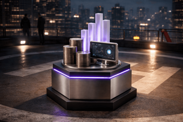 A photorealistic medium-wide cinematic shot, camera positioned approximately 1–2 meters from the subject, capturing a physically plausible, tactile 3D isometric sculpture that concretely represents "Valuation de Startups" — a hexagonal pedestal (40–60 cm tall) holding a polished brushed-aluminum base with stacked coin-like metal cylinders (revenue stacks), a cluster of frosted-acrylic isometric bar panels (ARR bars), a small glass-encased miniature dashboard screen showing abstract non-textual chart glyphs and a precision metal gauge with a subtle needle — all real-world materials (brushed aluminum, matte black anodized metal, tempered glass, frosted acrylic) and proportions readable at 1–2 meters. The object integrates subtle electric-purple accents (#7B63FF) as thin edge-LEDs, underlighting in acrylic bars, and a small status LED ring indicating activity, tasteful and subdued so it reads as intelligence without overpowering realism. Set on a rooftop helipad atop a corporate skyscraper clearly marked with a painted "H", nighttime Tech‑Noir city skyline in the distance with low urban haze, wet tarmac reflections, helipad safety markings, perimeter railing and a windsock; practical helipad floodlights, small directional landing lights, and ambient neon from the skyline provide low-key illumination. Natural human presence in the background/periphery: two professional, diverse people (business-casual, candid posture, neutral expressions) positioned several meters behind the sculpture near the helipad railing, secondary to the main object. Lighting: low-key and practical, warm tungsten and cool neon mix, complemented by a soft integrated white spotlight from above at a slight side angle to reveal texture, metal speculars, and acrylic translucency; cinematic rim light to separate figure silhouettes. Visual style: cinematic photographic realism with subtle Tech‑Noir influence, neutral corporate palette (charcoal, slate, steel, warm tungsten highlights) with restrained electric-purple accents, natural shallow-to-medium depth of field, 35mm photographic look (medium-wide), slight camera tilt, aperture for creamy bokeh, natural filmic grain removed, ultra-detailed material rendering, photoreal 8K. Camera/framing notes: medium-wide composition centered on sculpture, camera height slightly below object center, tight enough to read details but wide enough to show helipad context and human presence. Constraints: no captions, no text overlays on visible surfaces, no floating or dominant logos, no watermarks, no surreal floating elements — entirely physically plausible and brand-safe.