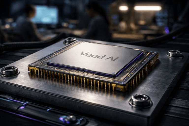 A photorealistic medium-wide cinematic shot, camera positioned approximately 1–2 meters from the subject, capturing a single dominant gold-plated CPU processor chip (rectangular die on a ceramic substrate) with detailed upward-facing pins and precision micro-etching; the Veed AI wordmark logo silk-screened subtly and realistically on the chip's upper surface (matte finish, correct scale, non-floating), clearly readable within a realistic environment. The object integrates subtle electric-purple accents (#7B63FF) as faint micro-LED traces and thin etched circuit highlights indicating intelligence or activity without overpowering realism. Set on a large brushed stainless-steel plate with four industrial hex screws visible at the corners, placed on an assembly bench inside a modern tech-noir production lab / industrial electronics bay — background includes a blurred, diverse technician or two in neutral workwear and a dim monitor or test rig emitting cool white and soft purple practical light, maintaining human presence but keeping the chip as the focal point. Lighting is low-key and practical: a soft integrated white spotlight from above at a slight side angle to reveal form, texture and pin detail, complemented by ambient monitor glow and restrained electric-purple rim accents. Photographic style: cinematic photographic realism, natural shallow-to-medium depth of field, 35mm/50mm lens look, medium-wide framing, premium metallic materials, ultra-detailed surface texture, realistic reflections and micro-scratches, no exaggerated glow, no floating elements. Constraints: no text overlays, no captions, no watermarks, photorealistic, 8K.