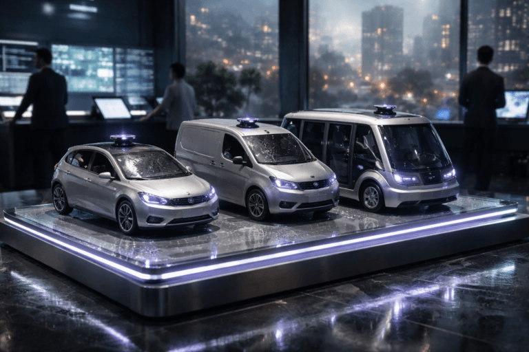 A photorealistic medium-wide cinematic shot, camera positioned approximately 1–2 meters from the subject, capturing a refined real-world hero object: a physical 1:10 scale sculptural diorama representing Autonomous Vehicles — an isometric arrangement of three realistic scale vehicle models (compact urban car, delivery van, and micro-shuttle) built from brushed aluminum and matte automotive paint, each with clearly visible sensor hardware (small LiDAR dome with glass lens, camera arrays, radar fins, GPS/IMU housings) and tactile details (realistic glass windshields, wheel hubs, subtle water droplets), mounted on a thick tempered glass pedestal with embedded LED edge lighting; all vehicle sensors and pedestal include subtle electric-purple #7B63FF indicator rings and tiny status LEDs to suggest intelligence, while remaining photorealistic and readable at 1–2 meters. The object integrates subtle electric-purple accents indicating intelligence or activity without overpowering realism. Set in a real-world Tech‑Noir Operations Center in São Paulo on a rainy evening: the pedestal sits on a wide tempered glass floor with built-in LED borders (cool white with restrained purple accents), large panoramic wet windows show a blurred, rain-streaked São Paulo skyline and moving traffic, and a bank of operator consoles and telemetry screens occupy the background (screens illuminated but text illegible). Natural human presence is included in the background and periphery: diverse operations staff in business-casual attire, candid neutral expressions, interacting with consoles and monitoring maps, secondary to the sculpture. Lighting is low-key and practical — cool monitor glow, LED edge lighting, wet reflections on the glass floor — complemented by a soft integrated white spotlight from above and a slight side fill to reveal form, texture, and depth; subtle Specular highlights on metal and glass, soft shadows, and gentle rim light emphasize contours. Cinematic photographic realism with a subtle Tech‑Noir mood, neutral corporate palette with restrained neon accents, 35mm/50mm cinematic framing, shallow-to-medium depth of field (sculpture sharply in focus, background softly blurred), premium materials, ultra-detailed textures, photorealistic, 8K, no text overlays, no captions, no watermarks, no floating or dominant logos.