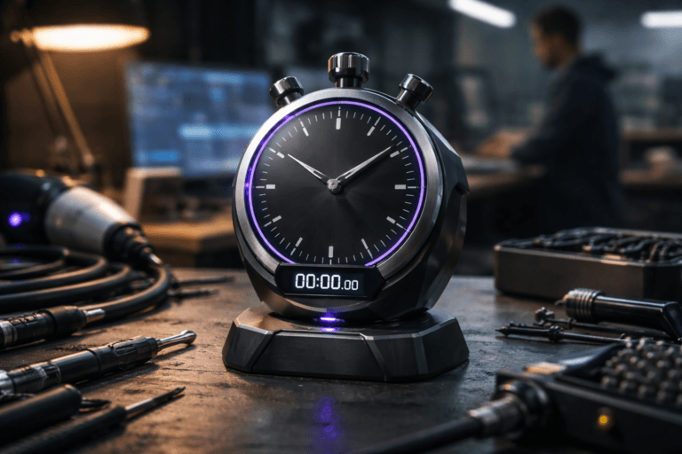 A photorealistic medium-wide cinematic shot, camera positioned approximately 1–2 meters from the subject, capturing a refined, tangible desk-scale stopwatch sculpture as the hero object — a physically plausible hybrid: precision mechanical chronometer form (~15 cm diameter) with a brushed-aluminum bezel, matte-black machined body and faceted, isometric-inspired 3D surfaces, mounted on a small CNC-machined pedestal; integrated discreet OLED timer panel and a subtle electric-purple LED ring (#7B63FF) that pulses to indicate activity, clearly readable within a realistic environment. The object integrates subtle electric-purple accents indicating intelligence or activity without overpowering realism. Set in a lived-in robotics assembly bench (tech workshop) with scattered tools — torque wrench, soldering iron, multimeter, precision screwdrivers, coiled EV charging cable and a laptop showing a blurred performance dashboard (no legible text) — with a stationary EV charging plug and a small parts tray nearby, conveying a pit-stop / measurement workshop. Natural human presence in the background/periphery: one diverse technician in workwear, candid posture and neutral expression, secondary to the main object. Lighting is low-key and practical: a warm adjustable bench lamp, cool monitor glow, subtle practical overhead fixtures, and a soft integrated white spotlight from above/side that sculpts form and reveals fine textures; restrained electric-purple rim light accenting edges. Style: cinematic photographic realism with subtle Tech-Noir influence, neutral corporate palette (charcoal, steel, warm wood, muted greys) with restrained neon accents (electric purple #7B63FF). Camera/framing: medium-wide shot with a 35mm photographic look, camera height ~chest level, natural shallow-to-medium depth of field, soft bokeh background, crisp focus on stopwatch sculpture, realistic reflections and microtexture (brushed metal, anodized paint, tiny fingerprints, dust). Render: photorealistic, ultra-detailed, studio-grade materials, premium commercial finish, 8K. Constraints: no text, no captions, no visible brand logos, no watermarks, no floating or oversized glowing logos; people unidentifiable, physically plausible object and scene, high realism and clarity.