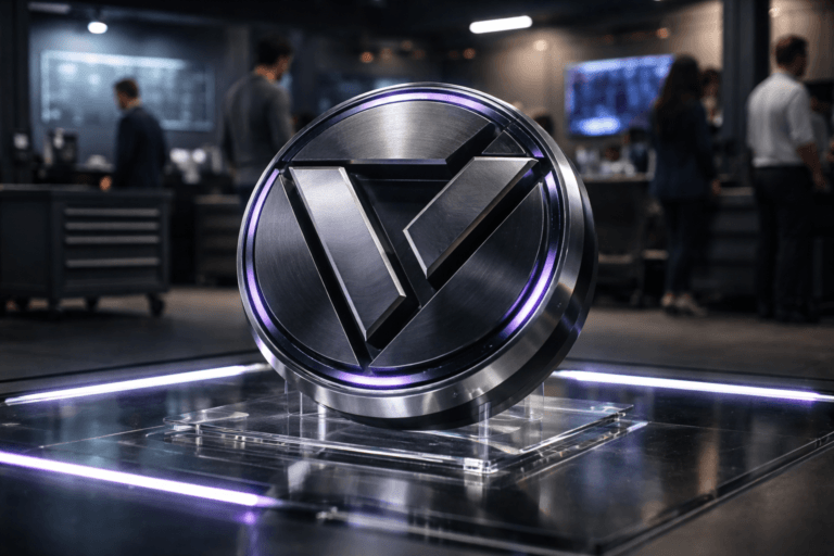 A photorealistic medium-wide cinematic shot, camera positioned approximately 1–2 meters from the subject, capturing a tactile 3D isometric Velocity brand emblem as the hero object (the official Velocity logo rendered as a physical sculpture) clearly readable at 1–2 meters: a 12–18 cm diameter isometric badge with brushed gunmetal faces, polished chrome bevels, satin-black recessed facets and micro-etched detail, mounted on a low-profile clear acrylic pedestal recessed into a thick tempered glass floor. The emblem shows realistic materiality and manufacturing details (screws, chamfers, subtle tool marks) and is physically anchored — no floating logo. The object integrates subtle electric purple accents (accent LEDs and a thin rim light in #7B63FF) to indicate activity without overpowering realism. Set in a modern corporate innovation bay with a Tech‑Noir pit‑stop aesthetic: thick tempered glass floor with integrated LED edge strips, matte concrete and dark steel surfaces, a low service pit vibe, and practical set dressing (tool cart, cable channels, indistinct instrumentation) while keeping the scene lived-in and believable. Natural human presence appears in the background/periphery — diverse engineers in business‑casual clothing, candid postures, out-of-focus to remain secondary. Lighting is low-key and practical: embedded LED edge lighting and a subtle side/overhead soft integrated white spotlight gently revealing form, with realistic reflections on glass and metal, soft specular highlights, and controlled shadow falloff. Camera: 35mm‑style cinematic look (optionally 50mm), slight low-angle, medium-wide framing, emblem tack‑sharp with shallow-to-medium depth of field, natural bokeh on background figures and screens (all on-screen displays intentionally blurred to avoid readable text). Color palette: neutral corporate tones (charcoal, slate, cool steel, warm skin tones) with restrained neon accents and controlled electric-purple highlights. Render photorealistic, ultra-detailed, premium materials, cinematic realism, natural filmic grain, 8K. Constraints: no captions, no text overlays, no legible on-screen text, no watermarks, no floating/glowing logos — logo must appear as a physically plausible object integrated into the scene.