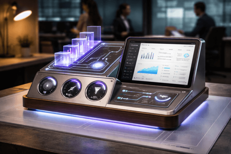 A photorealistic medium-wide cinematic shot, camera positioned approximately 1–2 meters from the subject, capturing a refined, physically plausible desktop "revenue control panel" sculpture as the hero object — a real-world tactile artifact roughly the size of a large laptop (precision-milled aluminum and matte-wood base, layered acrylic isometric blocks, printed circuit-style metal insets, mechanical analog gauges labeled with simple icons for Conversion / Velocity / Pipeline Quality, small integrated tablet showing a realistic CRM dashboard UI — no brand logos) clearly readable and instantly recognizable at viewing distance. The object reads as a 3D isometric, playful yet professional sculpture (3D-printed components, soft-beveled edges, satin paints) with subtle electric purple accents (#7B63FF) integrated into LED indicator rings and edge-glows to imply intelligence/activity without overpowering realism. Set on a translucent LED lightbox drafting table glowing softly from below (drawing-table surface with faint grid visible through acrylic), inside a lived-in Tech‑Noir revenue command room: low-key corporate environment with a muted concrete desk, a warm desk lamp, a blurred glass wall with faint screens and whiteboards in the background, and 2–3 diverse professionals in the periphery reviewing notes (natural candid postures, neutral expressions, secondary to the sculpture). Lighting is controlled and cinematic — practical sources only (tablet screen, desk lamp, LED lightbox), low-key ambient shadows, and a soft integrated white spotlight from above and slightly to the side to reveal texture and depth; restrained neon rim light in electric purple for accent. Camera: 35mm cinematic photographic look, shallow-to-medium depth of field, medium-wide framing, natural filmic bokeh on background figures, ultra-detailed material textures (metal grain, wood pores, acrylic edge refraction), photorealistic rendering, premium production finish, 8K. Constraints: no text overlays, no visible brand logos, no watermarks, no floating or unrealistic glowing elements.