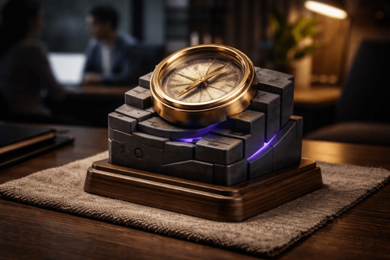 A photorealistic medium-wide cinematic shot, camera positioned approximately 1–2 meters from the subject, capturing a refined real-world hero object: a physically plausible, instantly recognizable 3D isometric sculpture that reads as "B2B Sales / Revenue Compass" — a precision brass nautical compass (8–10 cm diameter) fused into a compact isometric pedestal of interlocking matte-graphite blocks shaped like layered sales-pipeline segments and account tiles; materials: polished brass, brushed steel, matte 3D-printed graphite, and hand-finished walnut base. The compass face is real glass with engraved degree marks (no text), the pedestal has subtle tactile icons embossed (no words), and a thin recessed LED rim glows in restrained Electric Purple #7B63FF to indicate intelligence/activity (small glowing dots only, no text or logos). The object is placed on a dark walnut tabletop draped with a raw woven natural linen cloth (crude braid texture visible), scale and detail readable from 1–2 meters. Set in a believable modern RevOps / meeting-corner environment optimized for Tech-Noir: minimalistic office corner with soft bokeh of diverse professionals (two people, candid, neutral expressions, business-casual) working in the background and a blurred laptop screen and a desk lamp as practical light sources. Lighting: low-key, controlled ambient with warm practical light (desk lamp, laptop glow) and one soft integrated white spotlight from above at a 30° side angle to reveal texture, form, and metallic reflections; subtle cool fill from the purple LED accent. Color palette: neutral corporate tones (warm walnut, graphite, linen beige, brushed brass) with restrained Electric Purple #7B63FF accents. Camera: 35mm cinematic photographic look, medium-wide framing, eye-level 1.6 m distance, shallow-to-medium depth of field (f/2.8–f/4), natural bokeh, crisp focus on the compass face and front pipeline layers, ultra-detailed surface texture and micro-reflections. Mood: cinematic photographic realism with subtle Tech-Noir influence, premium materials, realistic human presence secondary to the object, no floating elements, no oversized glow. Render: Photorealistic, ultra-detailed, 8K. Constraints: no captions, no text overlays, no watermarks, no identifiable real persons.