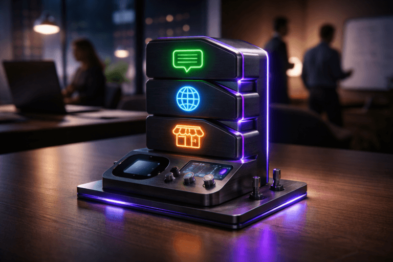 A photorealistic medium-wide cinematic shot, camera positioned approximately 1–2 meters from the subject, capturing a refined real-world hero object: a physical "Sales Control Module" desktop sculpture (approx. 30 cm) — isometric, tangible, and instantly readable — crafted from matte black brushed aluminum and translucent colored acrylic tokens. The sculpture features three stacked, simplified geometric channel tokens (abstracted chat, web, and storefront motifs rendered as clean shapes, no logos or text), a small rounded OLED status window (blank, no text), tactile metal knobs and micro-levers, an embedded glass-encased 3D micro-dashboard with engraved data lines, and fine electric-purple LED edge accents (#7B63FF) signaling intelligence; all surfaces show realistic wear, fine machining, soft reflections and micro-specular highlights. The object rests on a smooth translucent colored acrylic plastic surface with a gentle gradient and subtle subsurface scattering, slight reflection and soft contact shadow. Set in a believable Tech-Noir corporate meeting room at dusk: dark wood table, floor-to-ceiling window with distant city neon reflections, a practical desk lamp and a muted laptop screen as additional light sources; diverse professional people exist naturally in the background and periphery (out of focus, candid postures), interacting around a table and a standing whiteboard to imply workflow without drawing attention. Lighting is low-key and practical, with integrated soft white spotlight from above/side to reveal form and texture, complemented by restrained neon rim light in electric purple and cool blue for mood, controlled contrast, and natural falloff. Visual style: cinematic photographic realism with subtle Tech-Noir influence, neutral corporate palette (charcoal, slate, warm wood) with restrained neon accents, primary accent Electric Purple #7B63FF. Camera and framing: medium-wide composition, 35mm photographic look, natural shallow-to-medium depth of field, slight bokeh on background humans, precise focus on the sculpture's OLED and knobs, tripod-stable perspective. Materials and finish: ultra-detailed, premium materials (brushed metal, acrylic, glass), visible texture, realistic reflections and soft shadows. Level of realism: photorealistic, production-ready, high fidelity, no surreal elements. Constraints: no text, no captions, no brand logos, no watermarks, avoid floating or glowing logos — keep LED accents subtle and physically plausible. Cinematic realism, natural depth of field, premium materials, ultra-detailed, 8K.
