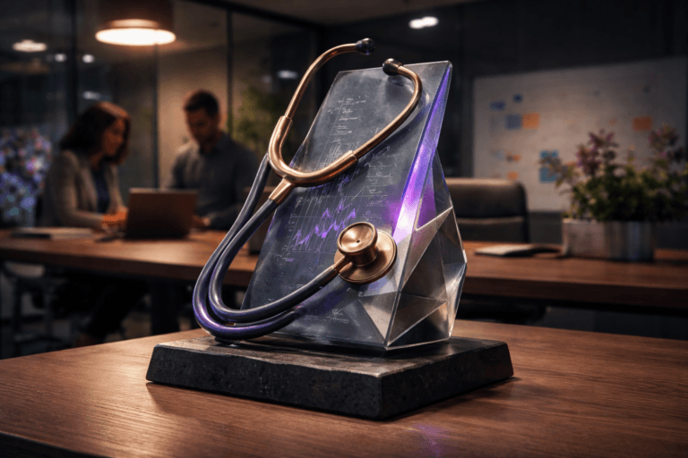 A photorealistic medium-wide cinematic shot, camera positioned approximately 1–2 meters from the subject, capturing a refined, real-world hero object: a physical low‑poly faceted tabletop sculpture (35–45 cm tall) that clearly reads as "Consultative Sales" — a realistic stethoscope rendered in polished matte bronze and soft-touch rubber tubing, looped over an angled, hand‑sized glass tablet mounted on a black stone base; the tablet shows abstract, non-legible diagnostic graphs as etched texture (no text) and the stethoscope tubing includes subtle inlaid electric‑purple (#7B63FF) enamel and a thin purple LED lip to indicate intelligence/activity without overpowering realism. The object is the single dominant focal point, tactile and instantly recognizable from 1–2 meters. Set in a modern corporate triage/diagnostics meeting room — a lived-in SaaS innovation lab with glass walls, a wooden conference table, ergonomic chairs, a planted indoor low‑poly floral art installation subtly visible beyond the table (stylized but physically plausible), a whiteboard with sticky notes out of focus, and a laptop and tablet on the periphery. Natural human presence: two diverse professionals in the background, candid and neutral, reviewing notes and a laptop — secondary, softly blurred, realistic skin tones, business casual. Lighting: low‑key, cinematic — practical sources only (a pendant lamp and an adjustable desk lamp), soft integrated white spotlight from the side/top grazing the sculpture to reveal texture and form, gentle fill from the laptop screen, and restrained electric‑purple rim accent to echo the inlaid enamel. Visual style: cinematic photographic realism with subtle Tech‑Noir influence, neutral corporate palette (charcoal, warm wood, stone) with restrained neon accents, primary accent electric purple #7B63FF. Camera/framing: medium‑wide composition, 35mm/50mm photographic look, slight low angle, natural shallow‑to‑medium depth of field (sculpture tack‑sharp, background creamy bokeh), realistic reflections and material response. Materials and finish: ultra-detailed bronze, etched glass, honed stone, matte rubber; high fidelity surface microdetail. Constraints: no captions, no readable text anywhere, no watermarks, no floating or glowing logos, no surreal elements — photorealistic, believable, brand-safe. Cinematic realism, natural depth of field, premium materials, ultra-detailed, 8K.