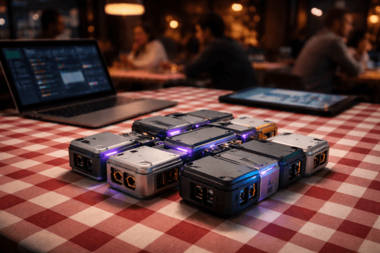 A photorealistic medium-wide cinematic shot, camera positioned approximately 1–2 meters from the subject, capturing a cluster of real-world modular magnetic industrial connectors — anodized aluminum and molded polymer housings in distinct colors, interlocking precisely into an advanced planar network with visible contact pins, cable sockets and subtle mechanical tolerances, all clearly readable and physically plausible from 1–2 meters. The object integrates subtle electric-purple accents (LED seams and soft edge glows in #7B63FF) indicating intelligence or activity without overpowering realism. Set in a dim urban bistro at night — a rustic restaurant table with a red-and-white checkered gingham tablecloth, a laptop displaying anonymous dashboards and a tablet with charts blurred in the midground, creating a hybrid “war room” atmosphere; realistic professional people (diverse founders and investors) occupy the background and periphery in candid poses, secondary to the main object. Lighting is low-key and practical: warm overhead pendant lights, soft laptop screen glow, and a soft integrated white spotlight from above/side gently revealing form, texture, metallic reflections and polymer grain; restrained neon purple accents provide Tech‑Noir hints. Cinematic photographic realism, neutral corporate palette with restrained neon accents, shallow-to-medium natural depth of field, 35mm/50mm photographic look, medium-wide framing, premium materials, ultra-detailed macro texture on connectors, realistic bokeh on background patrons, no text, no captions, no watermarks, photorealistic render, 8K.