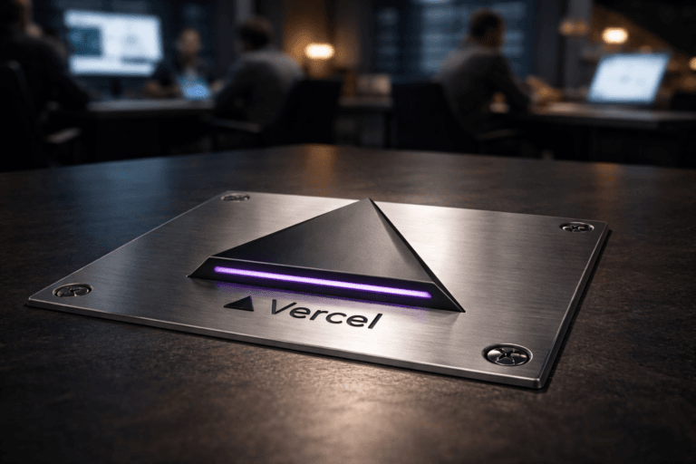 A photorealistic medium-wide cinematic shot, camera positioned approximately 1–2 meters from the subject, capturing a physical 3D isometric Vercel logo badge — a precision-milled, matte-black triangular prism (official Vercel emblem) mounted as a flush metal inlay badge with the official Vercel wordmark finely engraved on the vertical face — clearly readable within a realistic environment. The object integrates subtle electric-purple accents (#7B63FF) as a thin recessed LED rim and faint inlay glow along one bevel, indicating intelligence/activity without overpowering realism. Set in a modern Tech‑Noir marketing war-room tabletop: the badge is fixed to a brushed stainless‑steel plate with visible industrial screws in each corner, the plate inset into an industrial meeting table; background shows a lived-in operations room with blurred operator stations, large dashboard monitors, a laptop with a preview URL blurred, and diverse team members in business‑casual tones working in the periphery (faces unidentifiable, candid, neutral). Lighting is low‑key and practical — cool monitor light and a warm desk lamp in the scene — complemented by a soft integrated white spotlight from above and a subtle angled side fill to reveal form, micro‑texture and depth; controlled specular highlights on metal, minimal bloom from LEDs. Camera and framing: medium‑wide cinematic composition, 35mm photographic look, slight low angle (~15–25°), f/2.8 shallow‑to‑medium depth of field so the badge is tack‑sharp and background softly defocused, natural perspective distortion, camera 1.2–1.8 meters from the badge. Color palette: neutral corporate tones (charcoal, gunmetal, muted slate blues), warm tungsten accents, restrained electric purple #7B63FF as the single neon accent. Materials and detail: ultra‑detailed photoreal textures — brushed metal grain, fine machining marks on the badge, micro‑scratches, realistic reflections, subtle fingerprints on brushed plate edges. Style and realism: cinematic photographic realism with subtle Tech‑Noir influence, premium materials, no surreal effects, no floating or excessively glowing logo, no text overlays or captions, no watermarks, no additional brand logos in frame. Render: ultra‑detailed, natural depth of field, 8K photoreal render, high dynamic range, production‑ready.