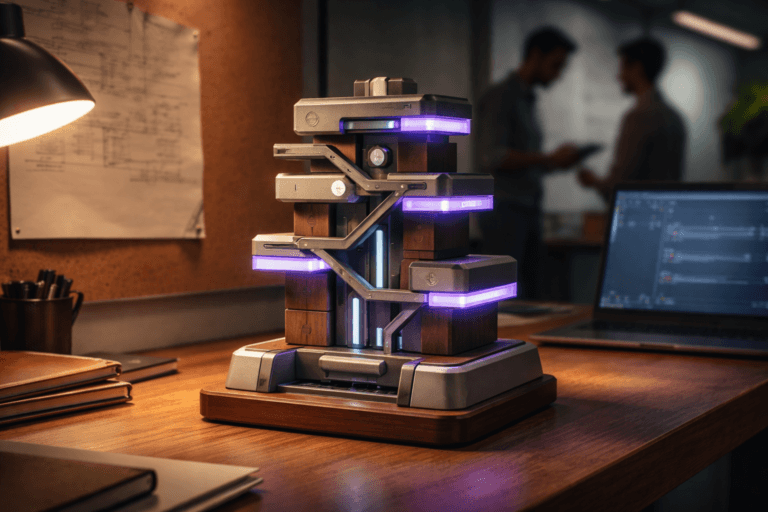 A photorealistic medium-wide cinematic shot, camera positioned approximately 1–2 meters from the subject, capturing a refined real-world hero object: a tangible desktop sculpture that physically embodies "version control" — an isometric 3D control-tower model made of stacked, angled modular blocks (precise isometric 30° geometry) constructed from matte-painted hardwood, brushed aluminum plates and frosted acrylic panes with internal diffusion. The sculpture reads clearly at 1–2 m: distinct stacked levels represent trunk, feature branches and release lanes; metallic merge-arms and a recessed pull-request tray give immediate real-world affordances; small, neutral embossed icons (non-legible) indicate commit/check stages — no readable text. Subtle, integrated thin LED accents glow Electric Purple (#7B63FF) inside select acrylic channels and under-edge trims to indicate activity, balanced by warm practical light from a nearby desk lamp and a laptop screen. Set in a modern design-engineering studio: the sculpture sits on a clean wooden desk with a crumpled-and-partially-smoothed kraft-paper sheet pinned to a corkboard wall behind it (translated from the original kraft backdrop), a soft-clutter of notebooks and a blurred laptop showing an out-of-focus CI pipeline in the mid-background. Human presence: two diverse professionals (one standing, one seated) in soft focus at the periphery, candid posture and neutral expressions, consulting a tablet — secondary to the sculpture. Lighting is low-key and cinematic: practical sources (desk lamp, laptop) create warm rim light, complemented by a soft integrated white spotlight from above-left that gently reveals form, texture and depth; subtle purple fill highlights convey intelligence without neon glare. Camera: 35mm cinematic look (or 50mm alternative), medium-wide framing, aperture ~f/2.8 for shallow-to-medium depth of field, natural filmic bokeh on background figures. Color palette: neutral corporate tones (warm wood, slate grey, brushed metal) with restrained Electric Purple accents and soft amber practical lights. Style: photorealistic with a restrained Tech-Noir influence, premium materials, ultra-detailed surface textures (wood grain, metal machining, frosted acrylic diffusion), accurate reflections, soft shadowing. Level of realism: high photographic realism, no surreal floating elements. Constraints: no captions, no legible text, no logos or brand marks floating or glowing, no watermarks. Cinematic realism, natural depth of field, premium materials, ultra-detailed, 8K.