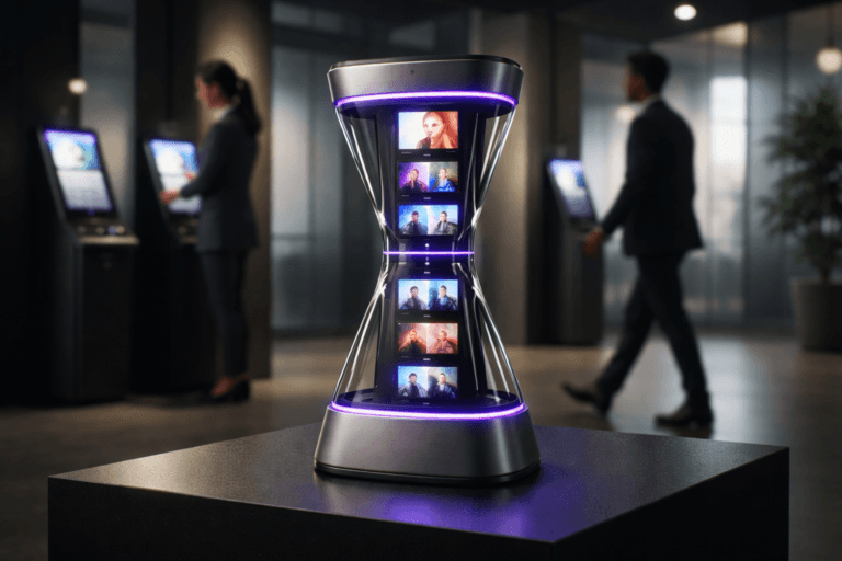 A photorealistic medium-wide cinematic shot, camera positioned approximately 1–2 meters from the subject, capturing a refined, real-world hero object: a tactile tabletop sculpture that physically represents short-form video attention — a matte-anodized aluminum hourglass pedestal (solid base and top), with two transparent acrylic chambers; inside each chamber are neatly stacked, portrait-oriented 3.5" matte OLED panels showing abstract looping thumbnail motion (no legible text), and a visible mechanical sand-column replaced by a discreet row of physical frame markers and a subtle LED progress strip. The sculpture reads instantly as a physical "4-second ampoule" device, made from premium materials (brushed metal, frosted acrylic, soft-touch polymer), clearly readable at 1–2 meters. The object integrates subtle electric-purple accents (#7B63FF) as thin LED trims and micro-reflections on the OLED bezels to indicate intelligence/activity, restrained and realistic. Set in a modern self-service kiosk / polling-booth environment reinterpreted as a corporate tech-lobby kiosk row: a low-key Tech-Noir mood with matte black kiosks and a single converted booth acting as a display pedestal, polished concrete floor, and soft architectural glass in the background. Include natural human presence: two diverse, professional-looking people in the mid-background—one interacting with a kiosk, one walking past—candid posture, neutral expressions, secondary to the sculpture. Lighting is low-key and practical: glow from the embedded OLED panels and kiosk screens, a soft integrated white spotlight from above at a 30° angle to gently reveal form and texture, subtle rim lighting to separate edges, and restrained purple rim accents. Visual style: cinematic photographic realism with shallow-to-medium depth of field (subject sharp, background softly defocused), 35mm/50mm photographic look, medium-wide framing, high dynamic range, realistic reflections, and tactile material detail. Color palette: neutral corporate tones (charcoal, slate, warm greys) with restrained neon accents and dominant electric purple #7B63FF used subtly. Level of realism: photorealistic, no surreal floating elements. Constraints: no captions, no text overlays, no visible logos, no watermarks, no floating light sources; ultra-detailed, premium materials, cinematic realism, natural depth of field, 8K.
